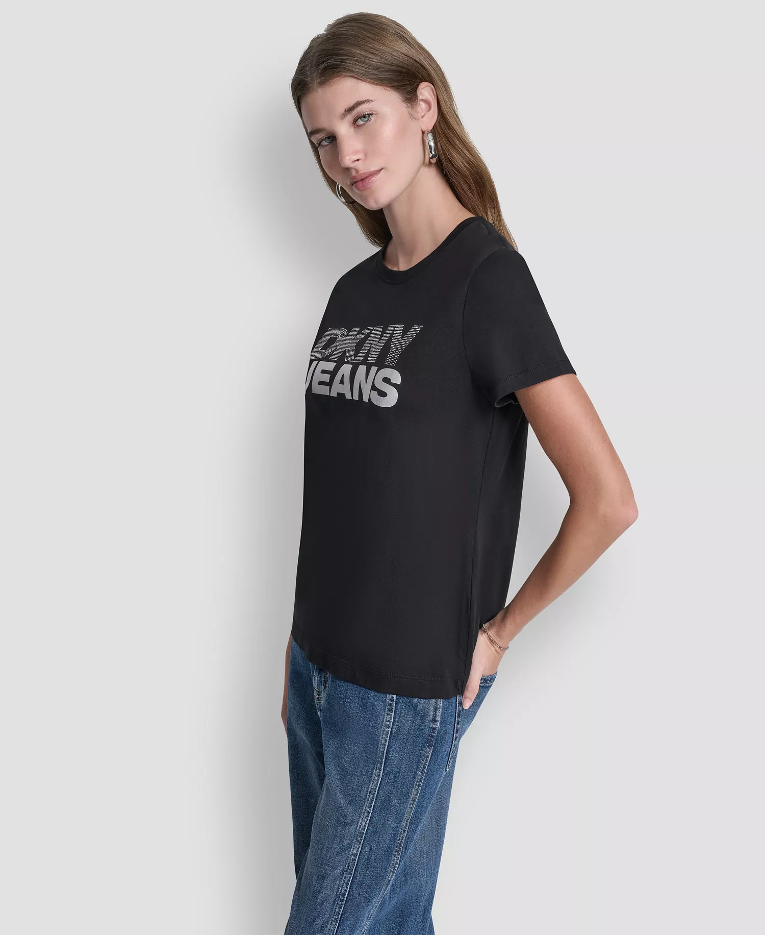Women's Crew Neck Stacked Rhinestone T-Shirt - Black/Silver/Silver - L