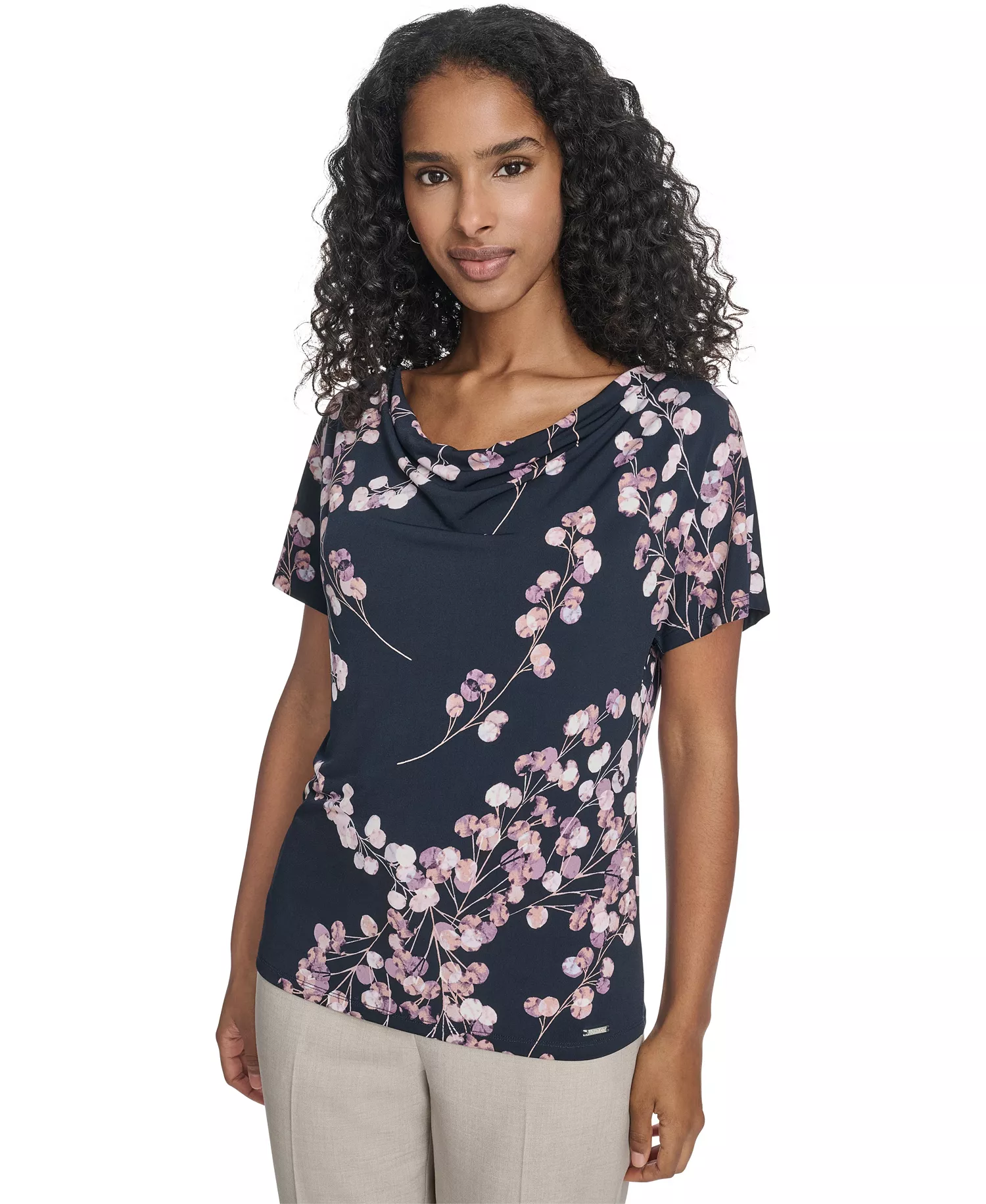 Women's Printed Drape Front Short-Sleeve Top - Navy/cream Multi - L