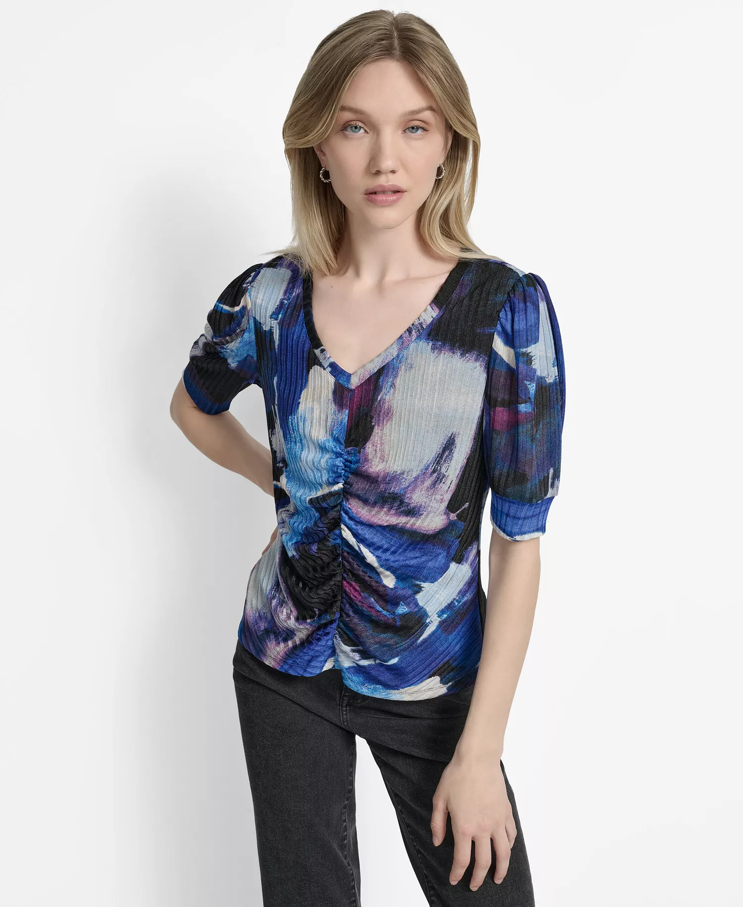 Women's Printed Puff-Sleeve Ruched Top - Blue Brush Stroke - S