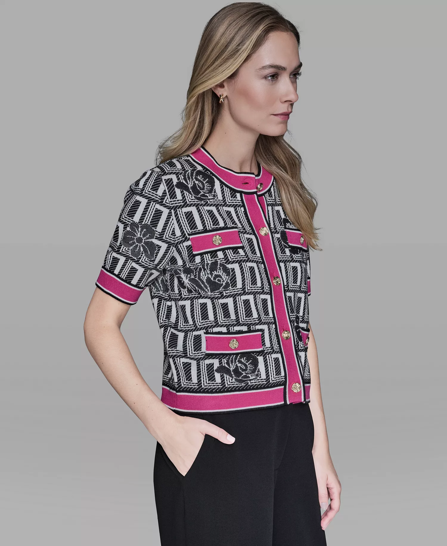 Women's Crew Neck Button-Front Sweater - Soft White/black/paris Pink - L