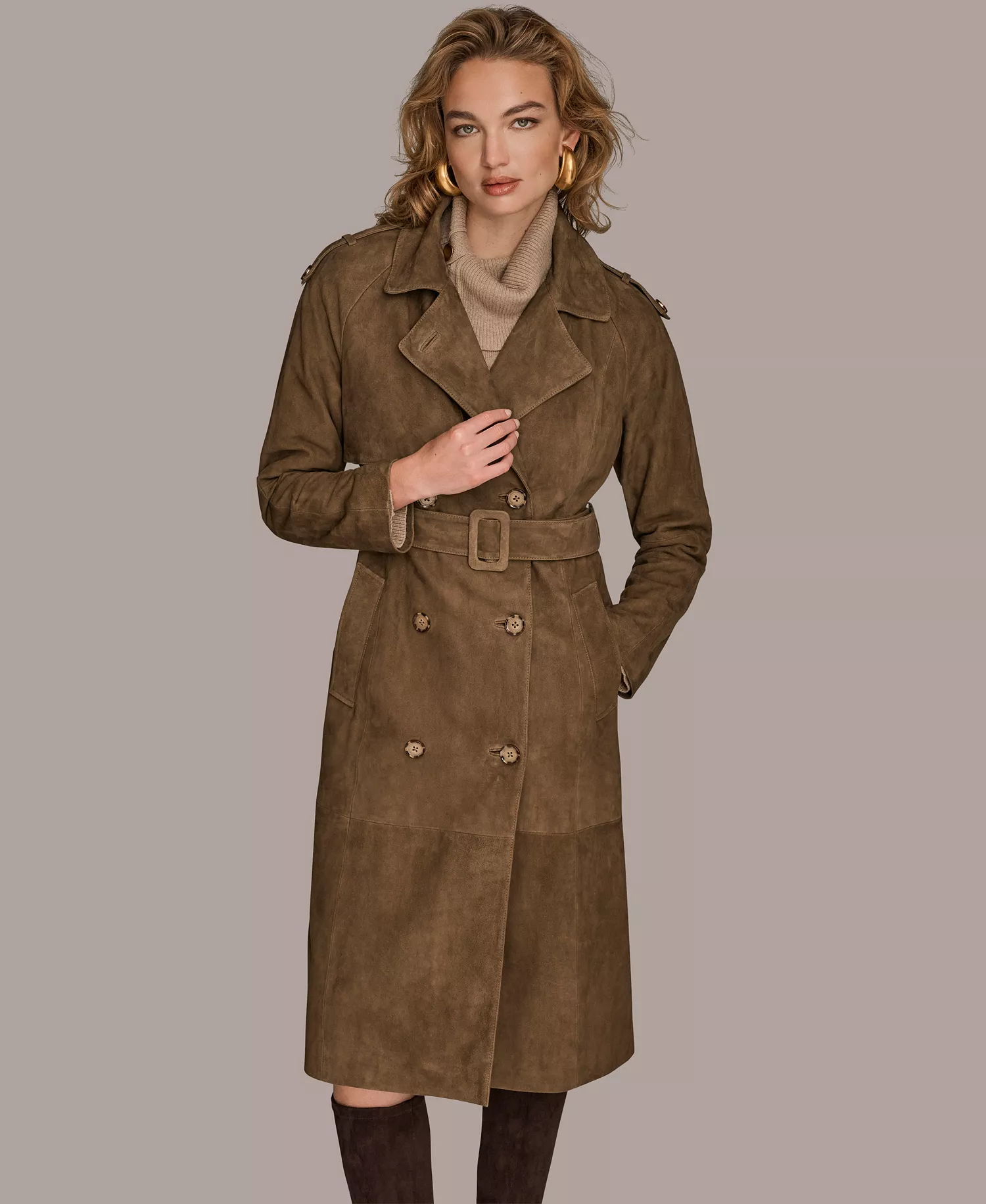 Women's Double Breasted Belted Trench Coat - Brown - M