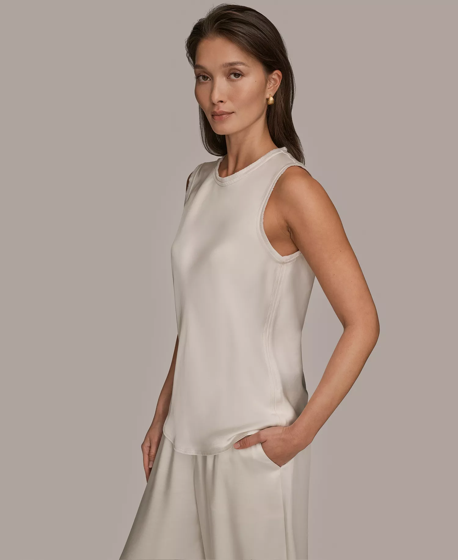 Women's Satin Sleeveless Fringe Trim Blouse - Cream - 10