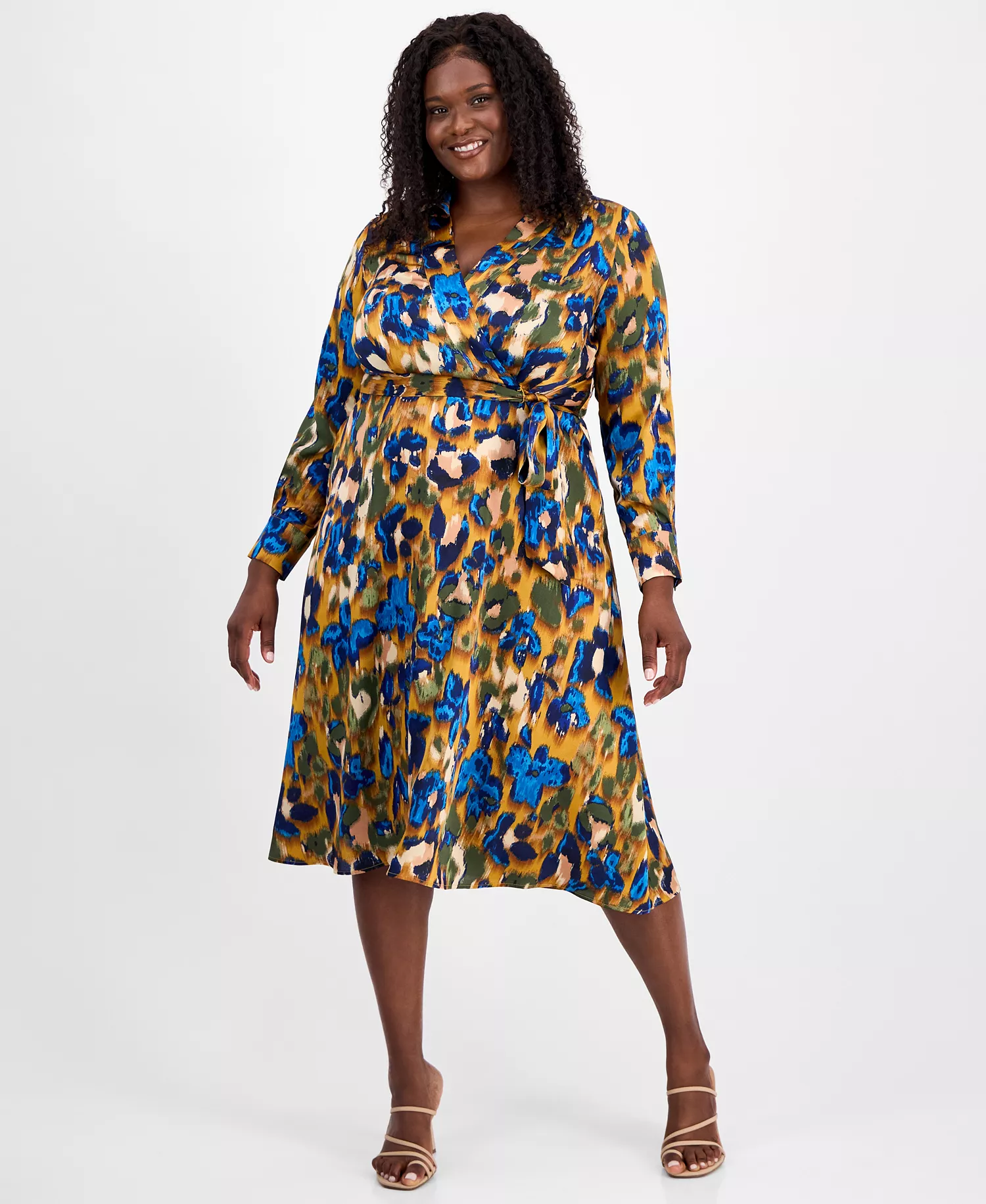 Plus Size Printed V-Neck Tie-Waist Midi Dress - Ginger/Sapphire - 14W