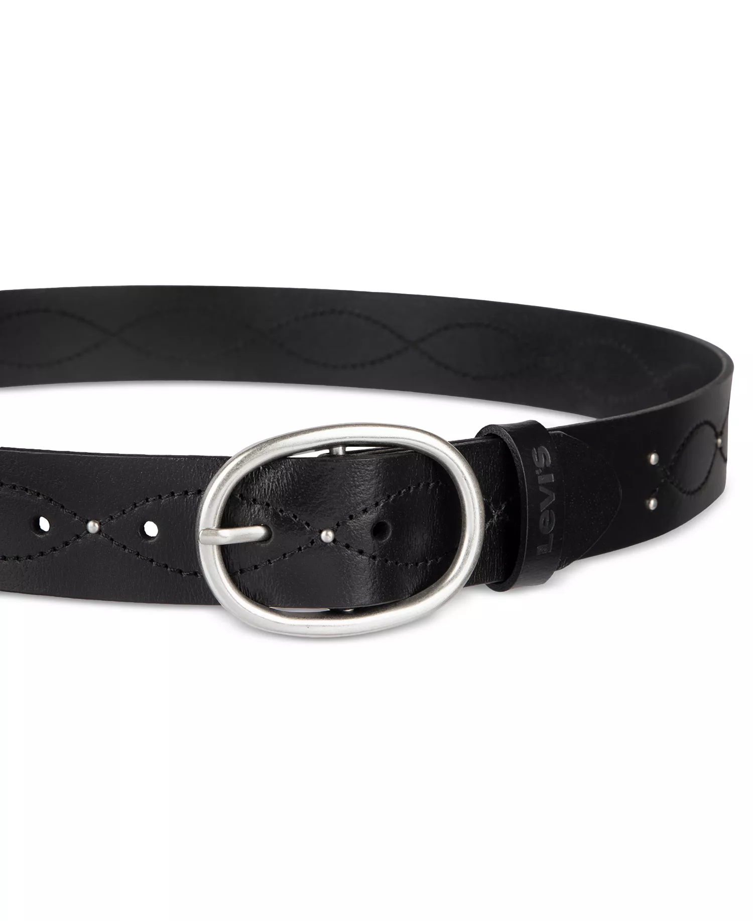 Western Stitched & Studded Leather Belt - Black - L