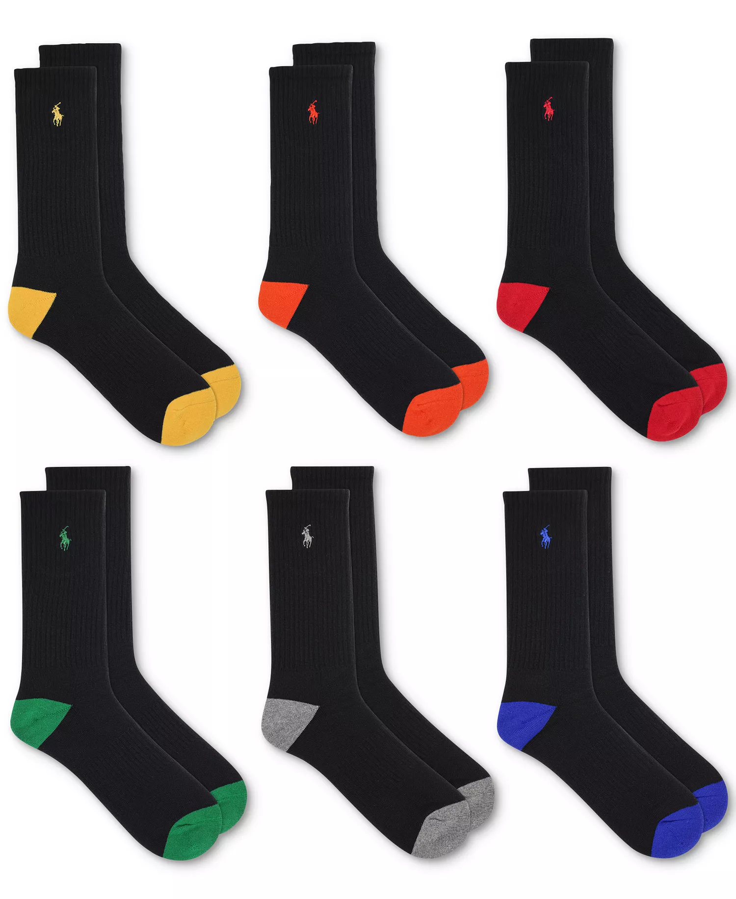 Men's 6-Pk. Performance Colored Heel Toe Crew Socks - Asst - 10-13