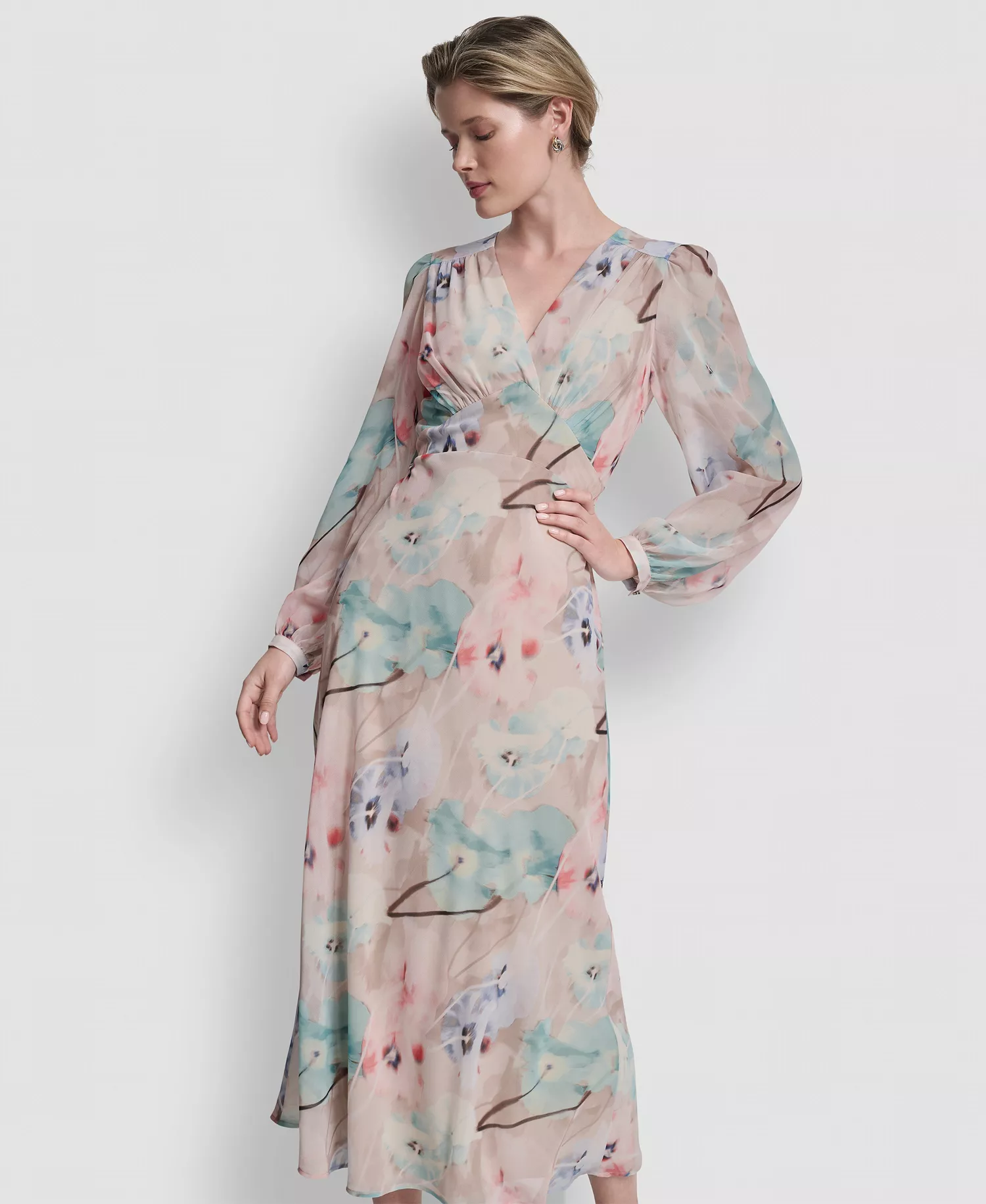 Women's V-Neck Fit and Flare Long Dress - Moonlight Multi - 10