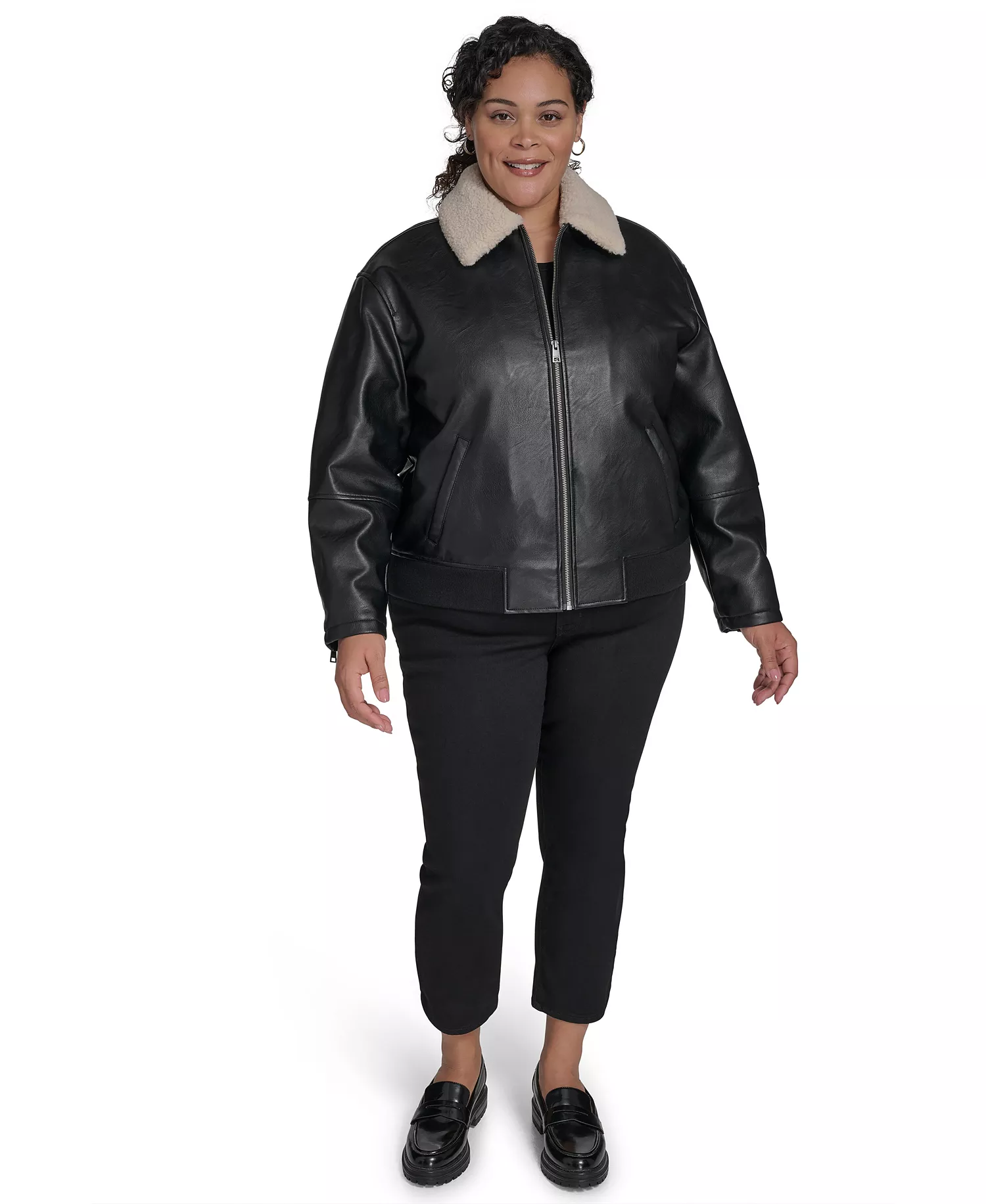 Plus Size Long Sleeves Bomber Jacket - Black - 1X
