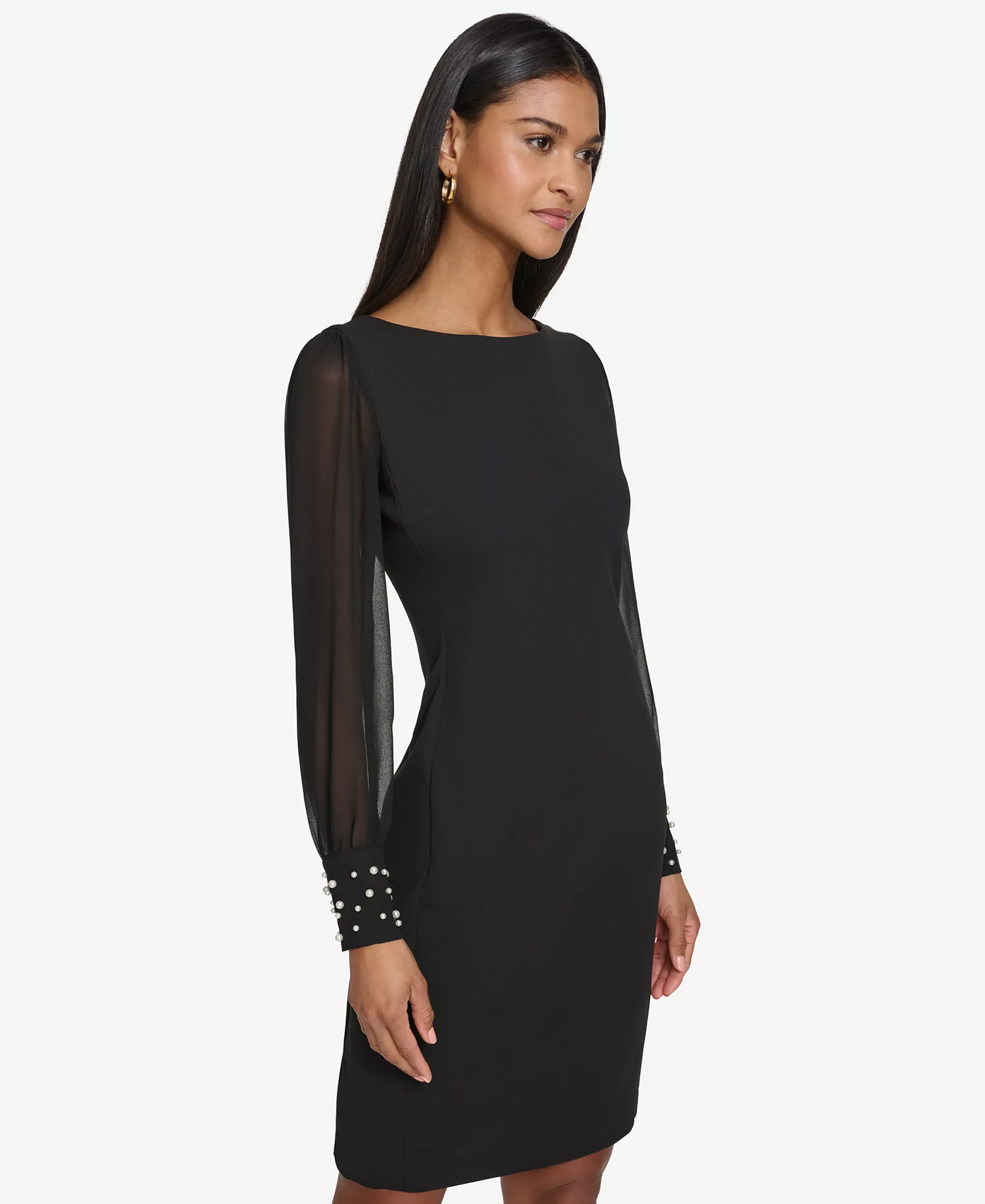 Women's Illusion-Sleeve Beaded-Cuff Dress - Black - 6