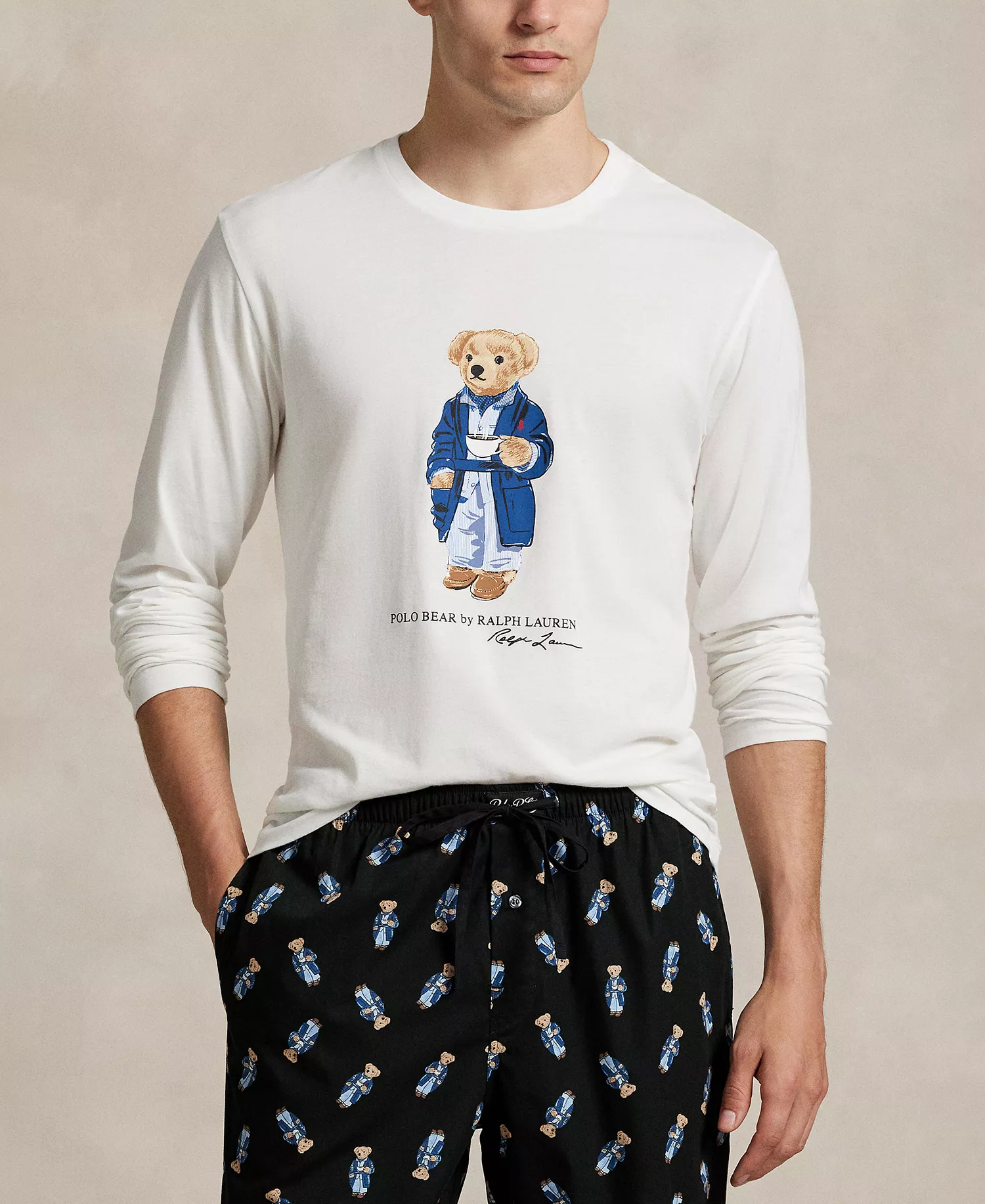 Men's Knit Long-Sleeve Crewneck T-Shirt and Pajama Pants, 2-Piece Set - White/Black - L