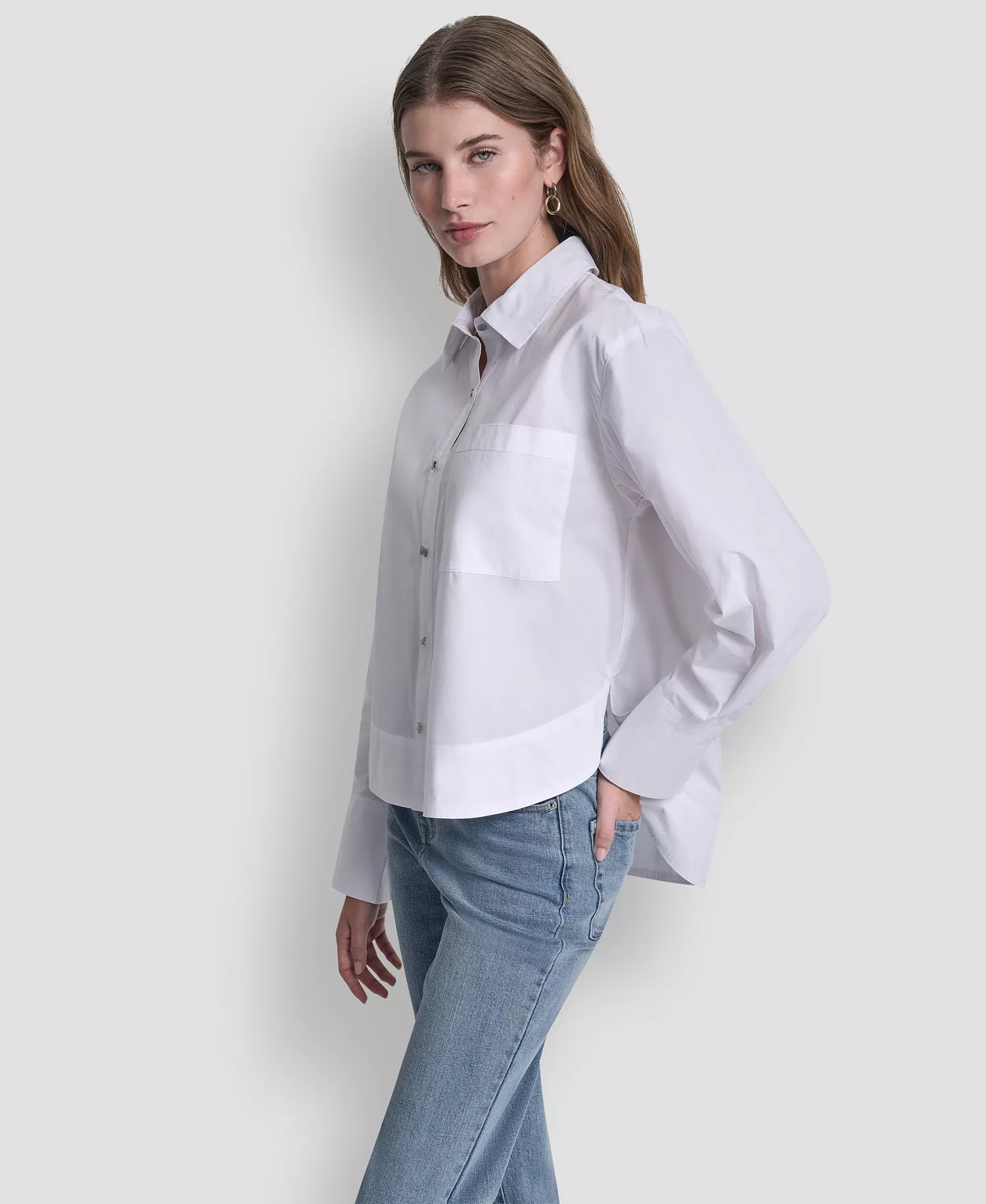 Women's Long-Sleeve Button Front Poplin Shirt - White - L