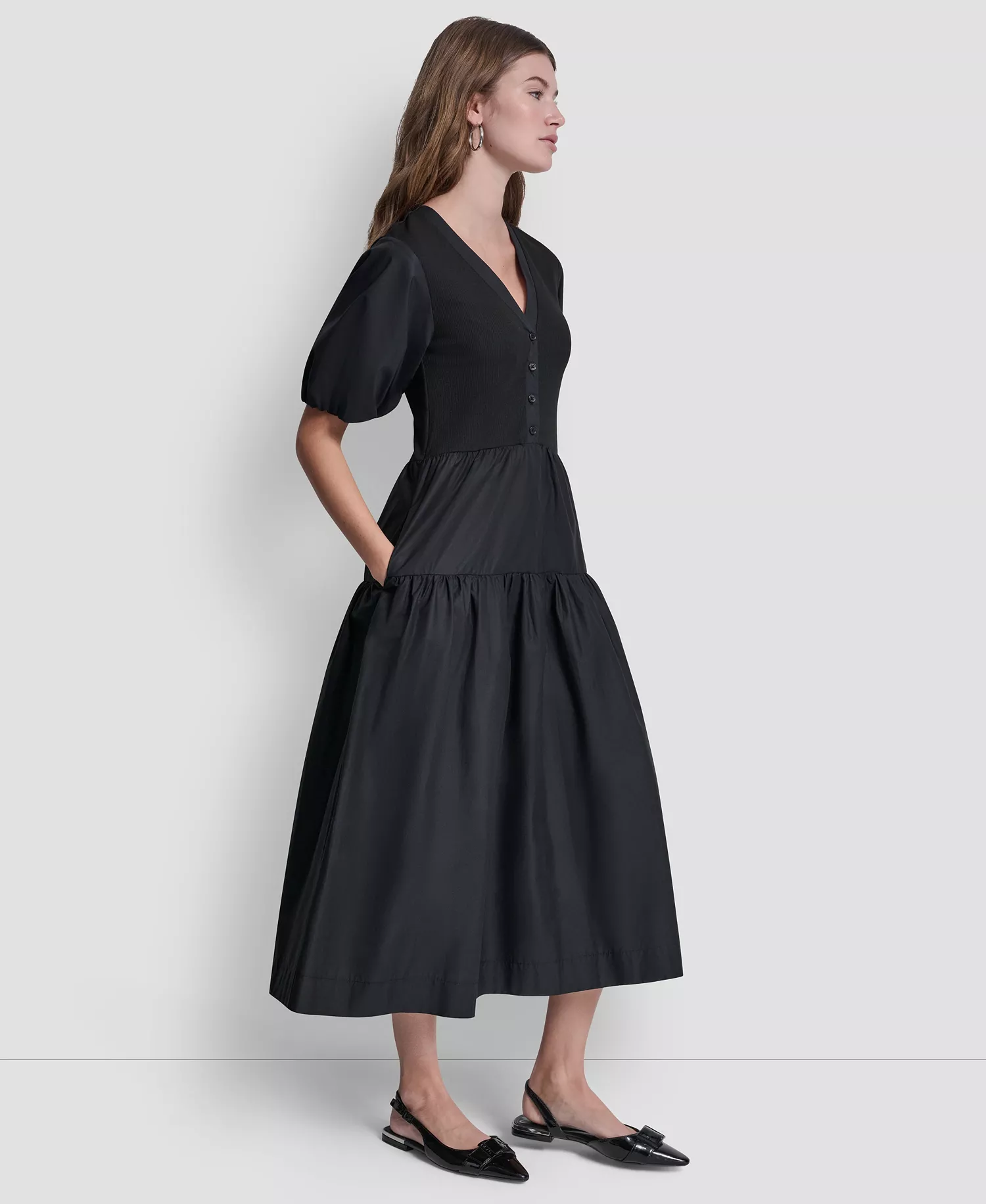 Women's Rib Henley Puff-Sleeve Midi Dress - Black - L