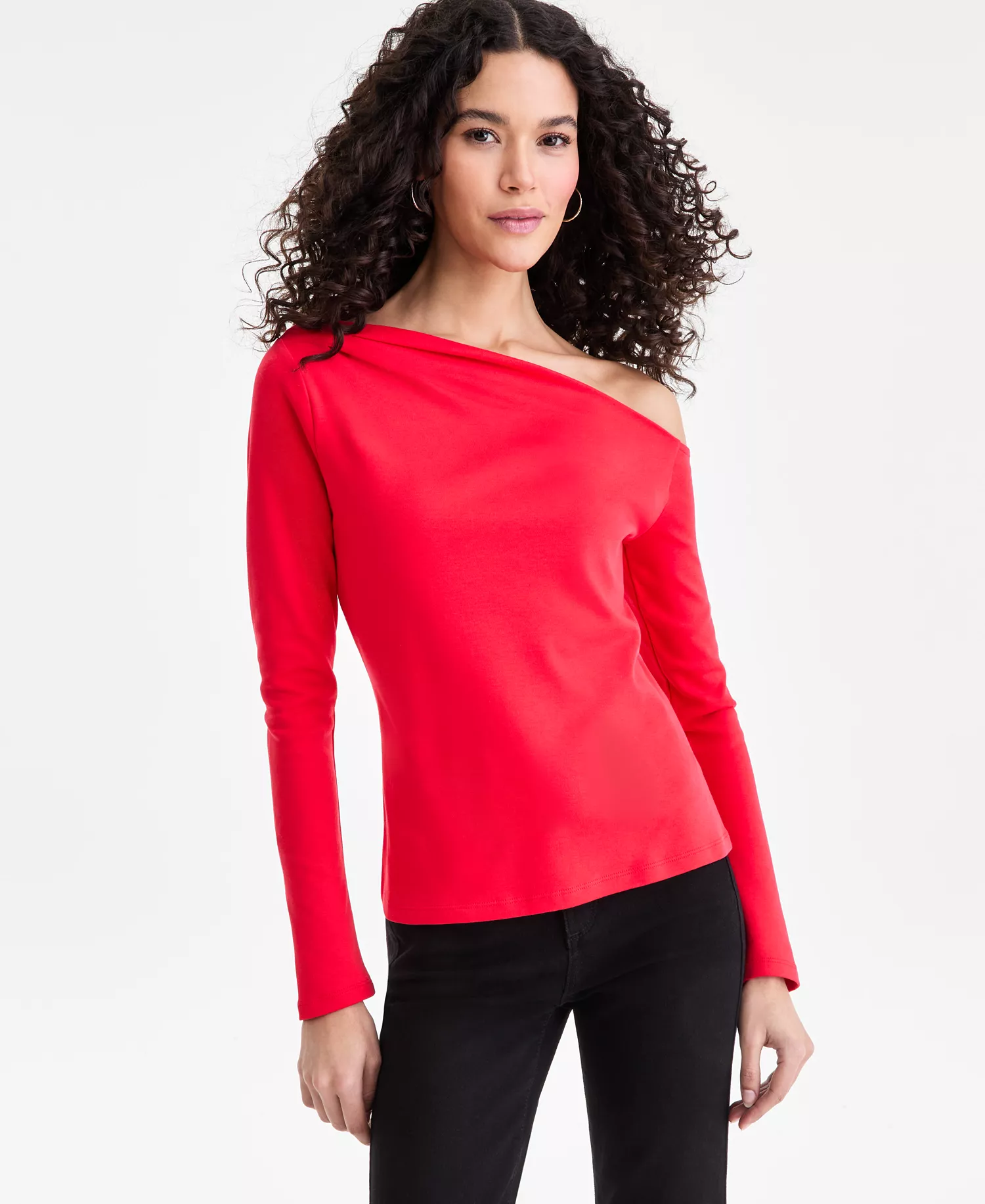 Women's Long Sleeve Off-the-Shoulder Knit Top, Macy's Exclusive - Cherry Flame - L