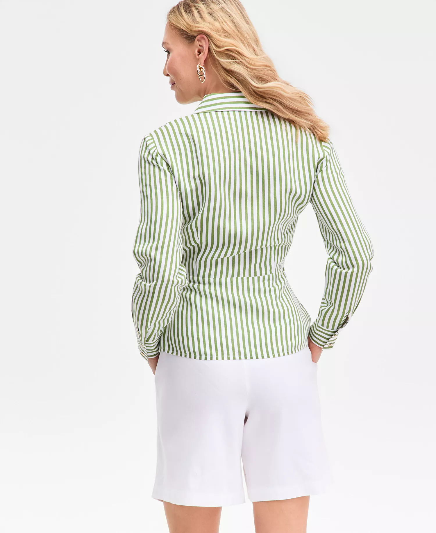 Women's Long Sleeve Striped Linen Tie-Front Collared Shirt, Macy's Exclusive - Lora Green Stripe - L