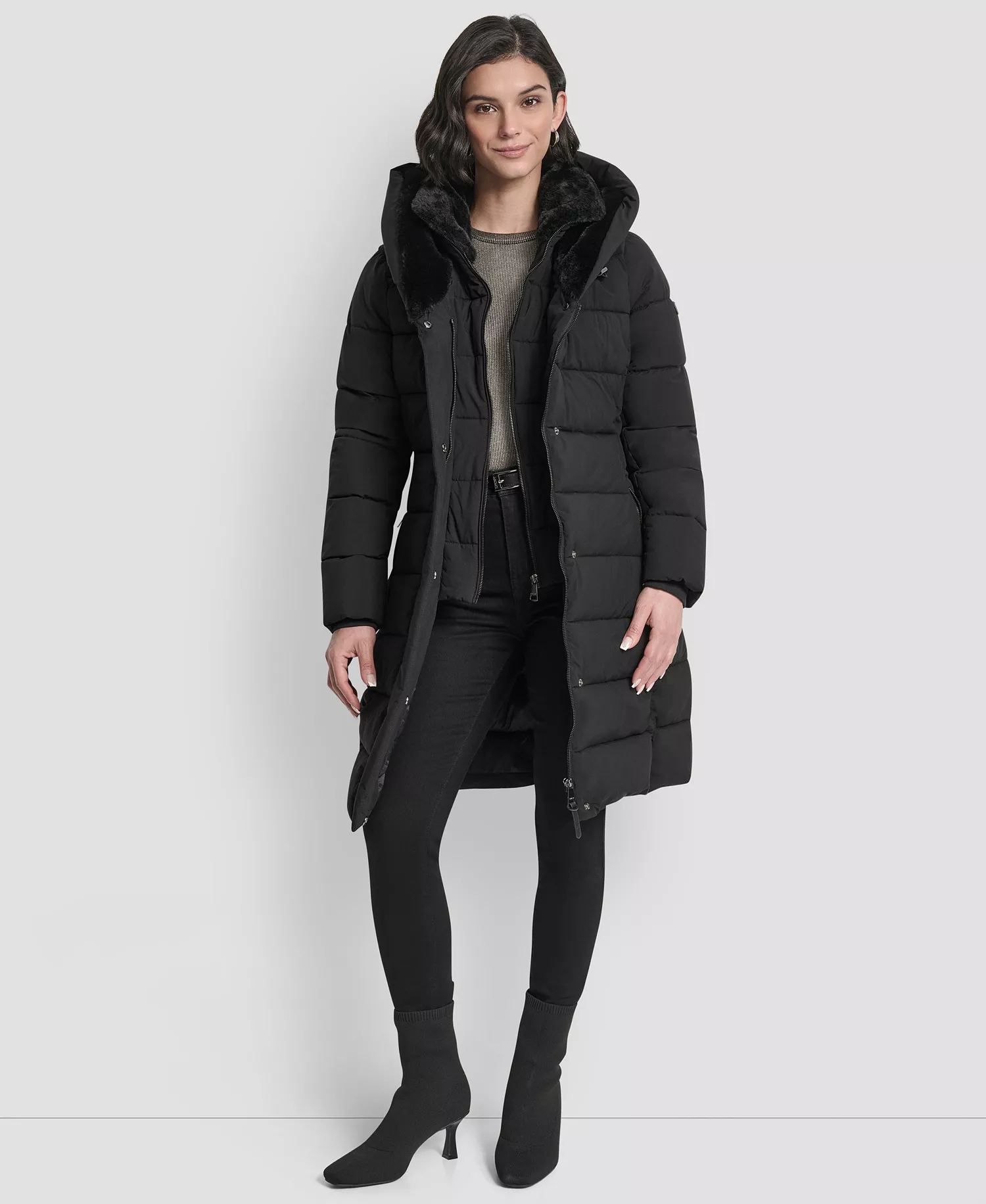 Women's Belted Asymmetrical Zip Front Puffer Coat - Black - M
