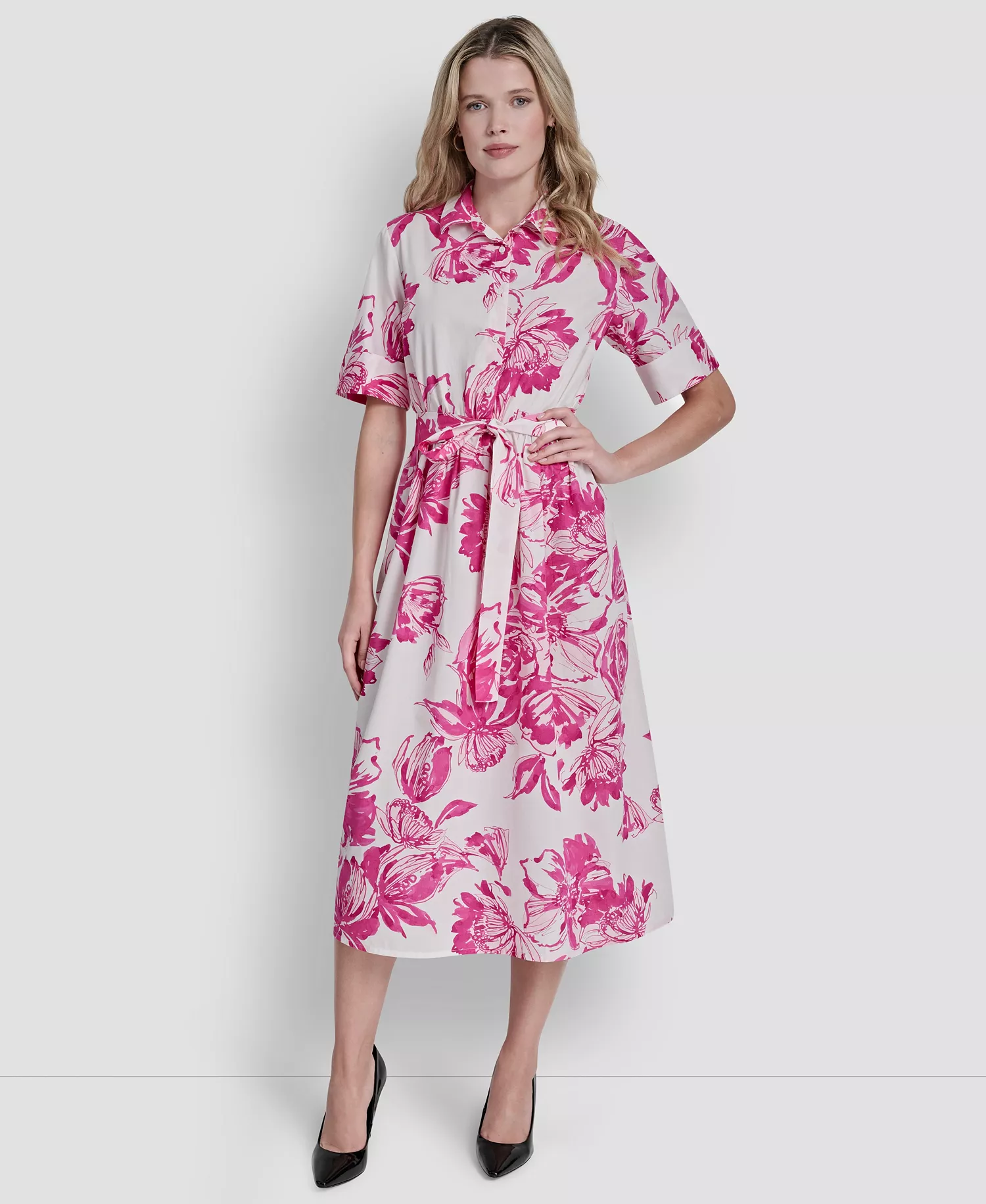 Women's Elbow-Sleeve Button-Front Shirt Dress - Hot Pink Multi - 10