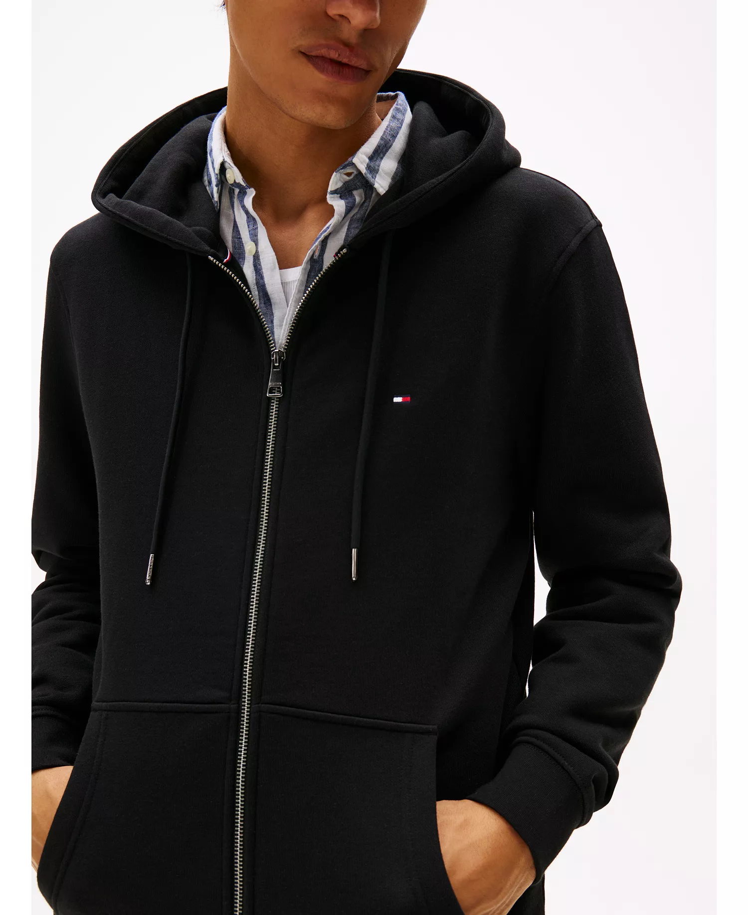 Men's Long Sleeve Zip-Front Flag Logo Hoodie - Black - L