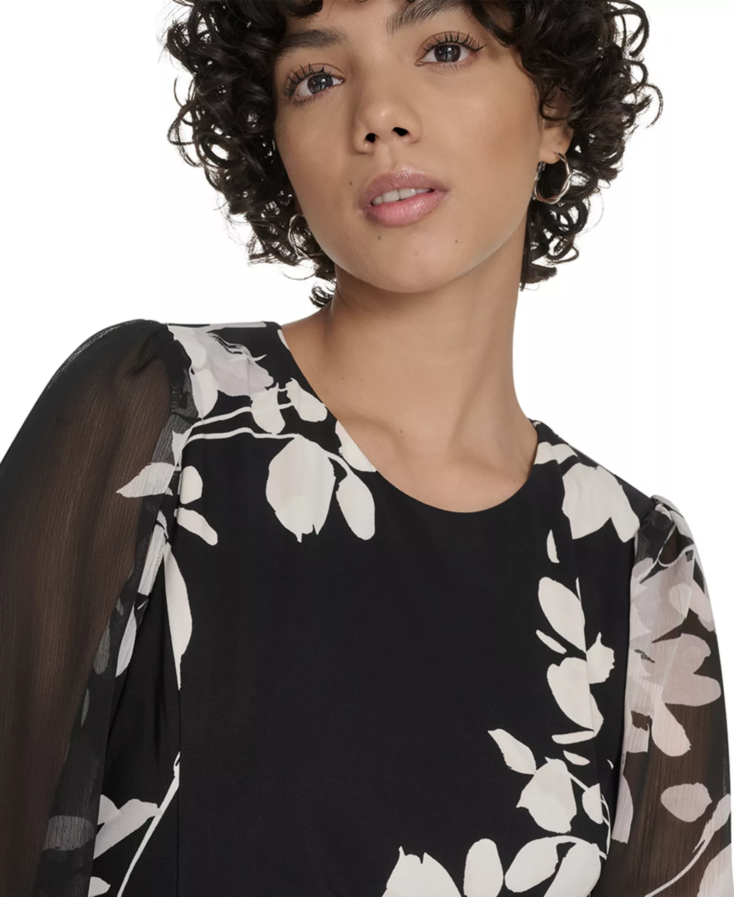 Petite Long-Sleeve Chiffon Combo Midi Dress - Deep Scarlet Multi - 0P