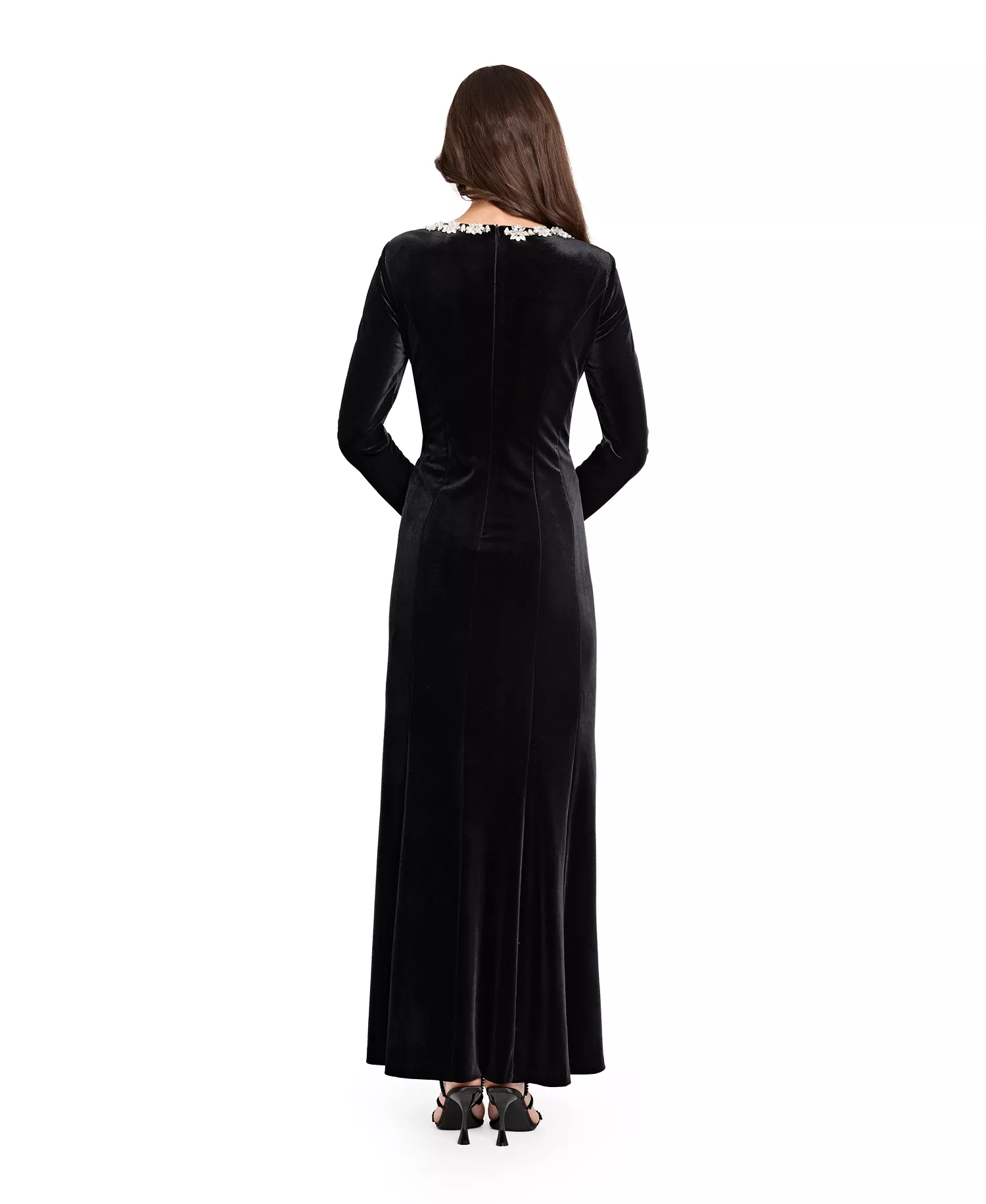 Women's Rhinestone Square Neck Long Sleeve Velvet Gown - Black - 14