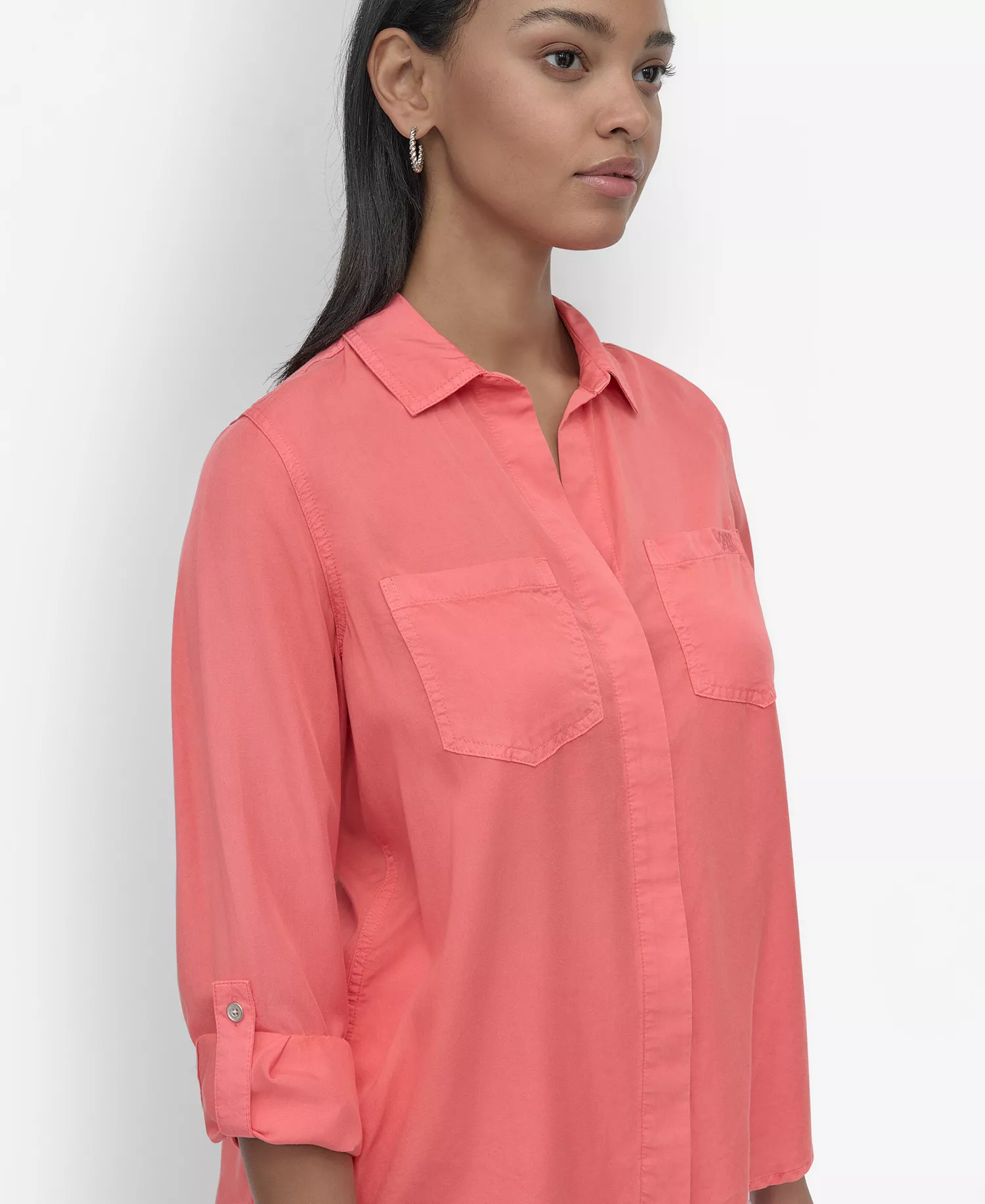 Women's Roll-Tab-Sleeve Button-Front Shirt - Coral Crush - L