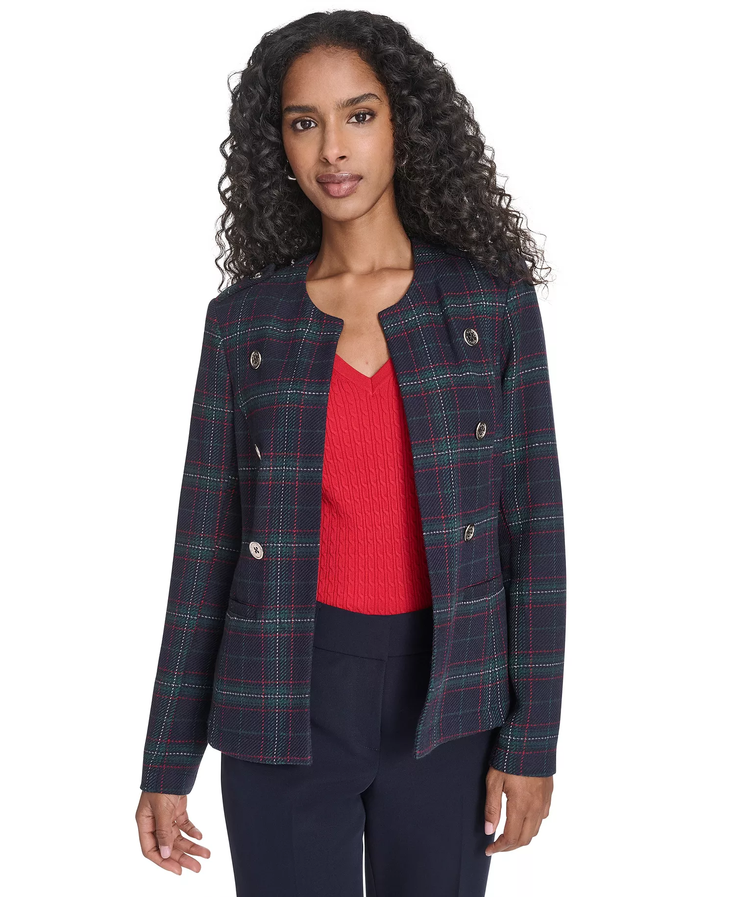 Women's Windowpane Open Front Band Jacket - Midnight Multi - M