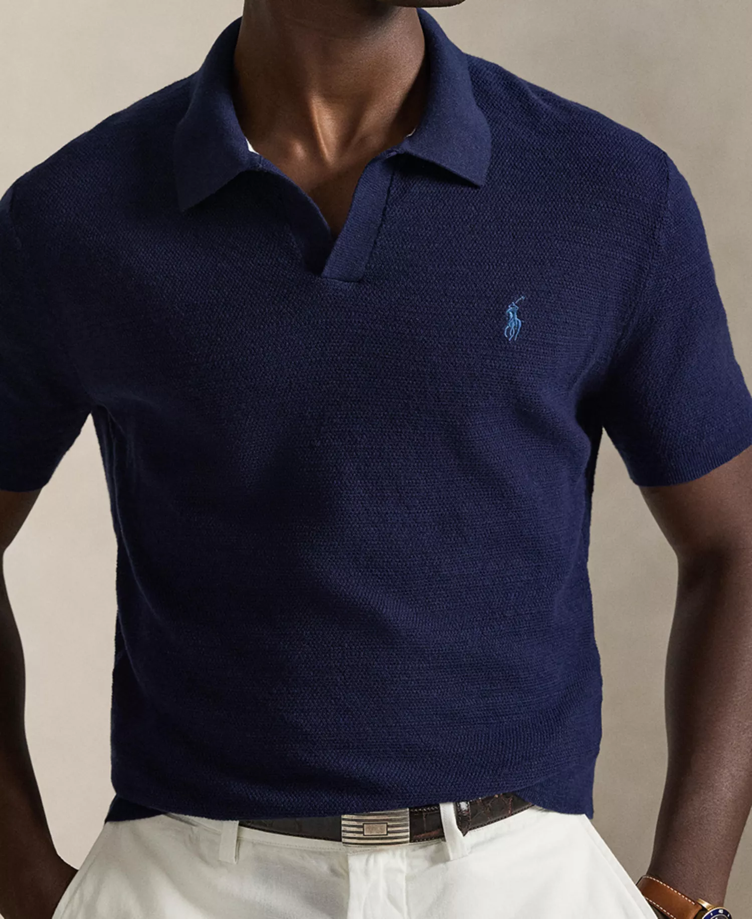 Men's Short-Sleeve Textured  Sweater Polo Shirt - Bright Navy - 2XL