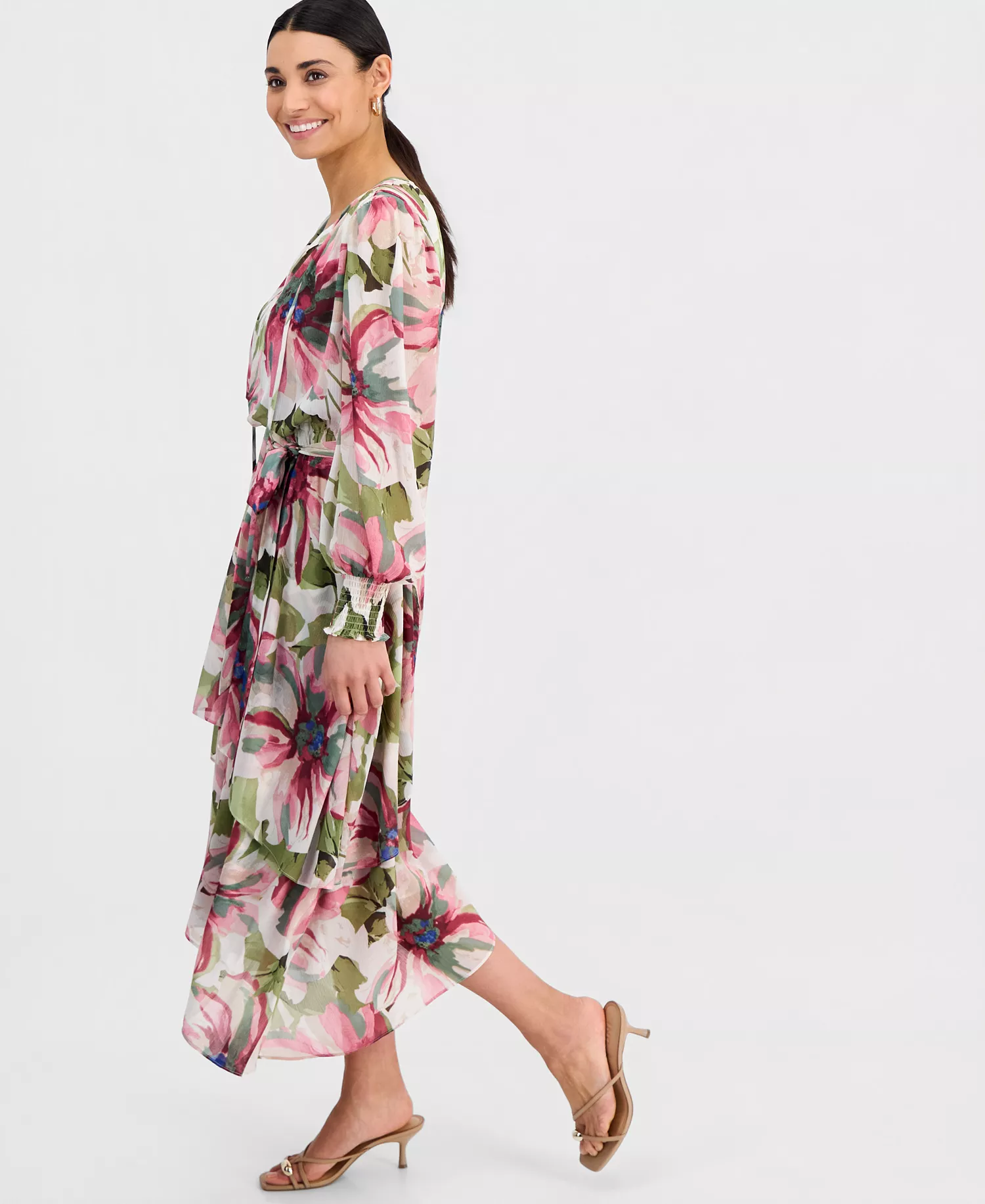 Petite Bubble-Sleeve Tie-Waist Tiered Dress, Created for Macy's - Farrah Bouquet - P/L