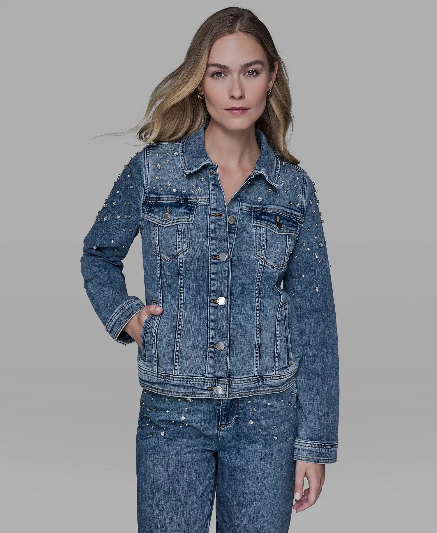 Women's Button Front Embellished Denim Jacket - Blue Star - L