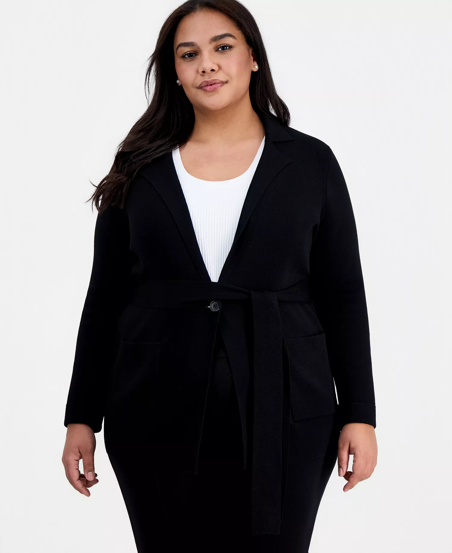 Plus Size Tie-Waist Cardigan - Black - 1X