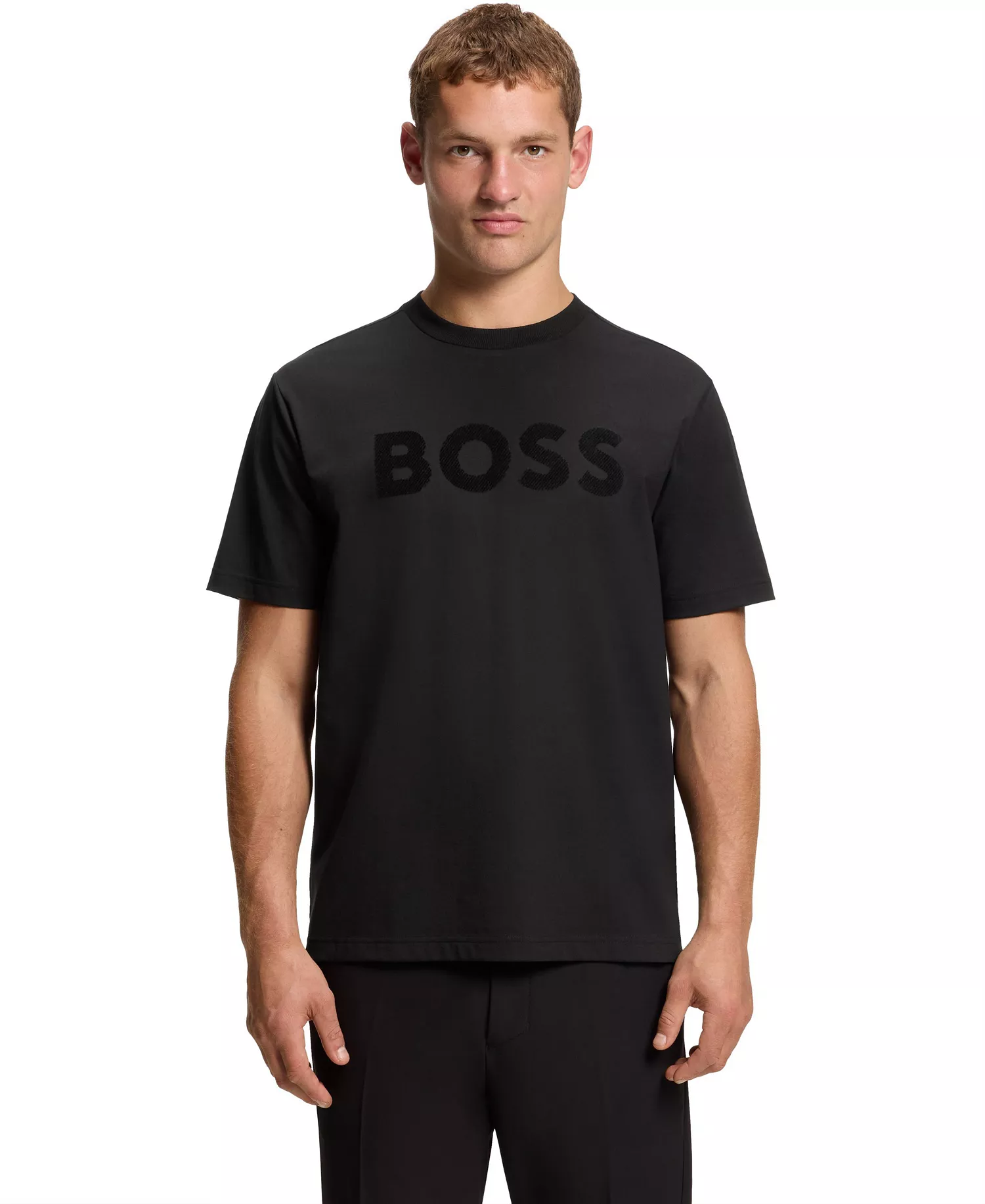 Men's Stretch Cotton Tonal Logo Relaxed-Fit T-Shirt - Black - L