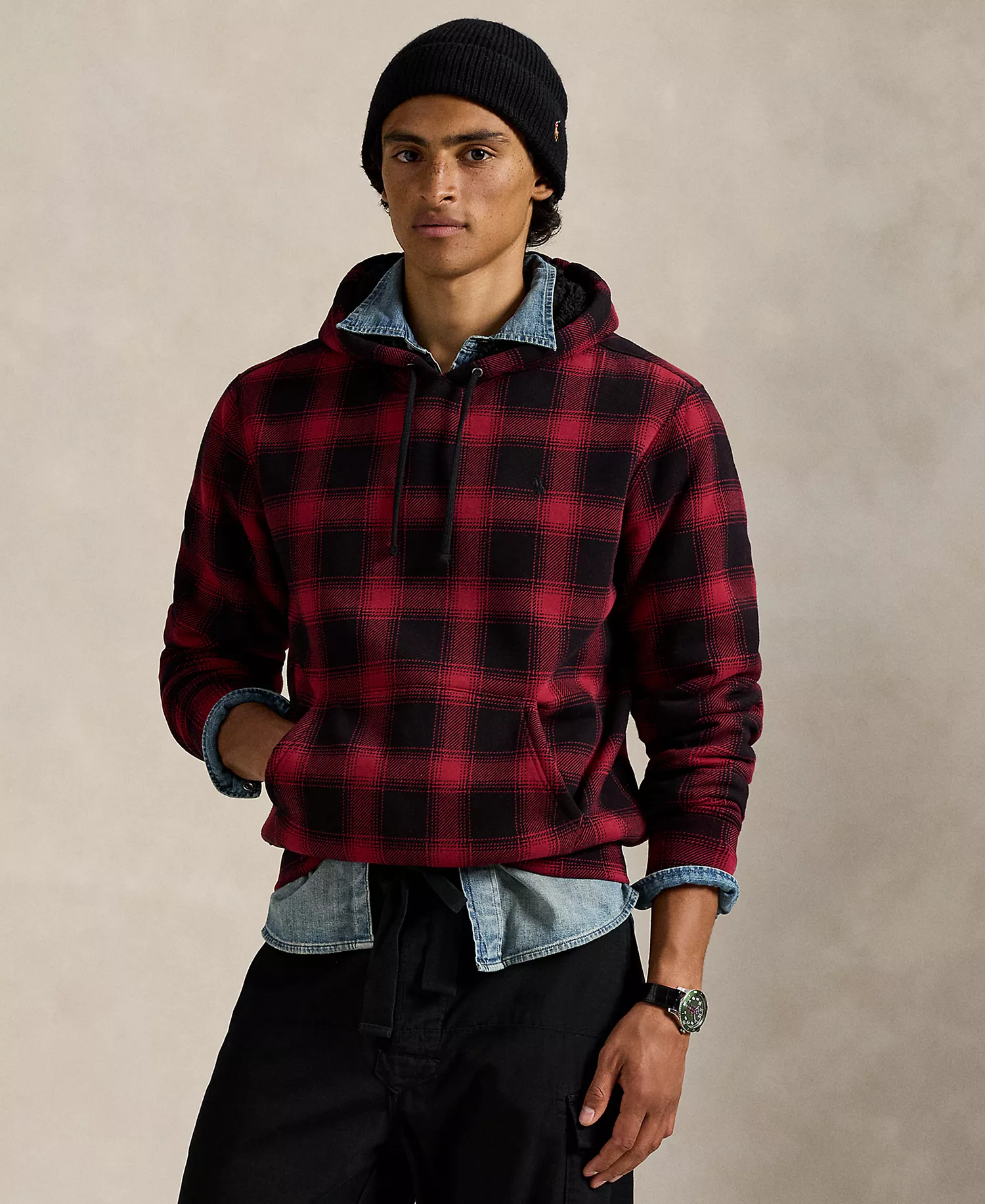 Men's Plaid Long-Sleeve Hoodie - Lodge Plaid Holiday Bear - 2XL