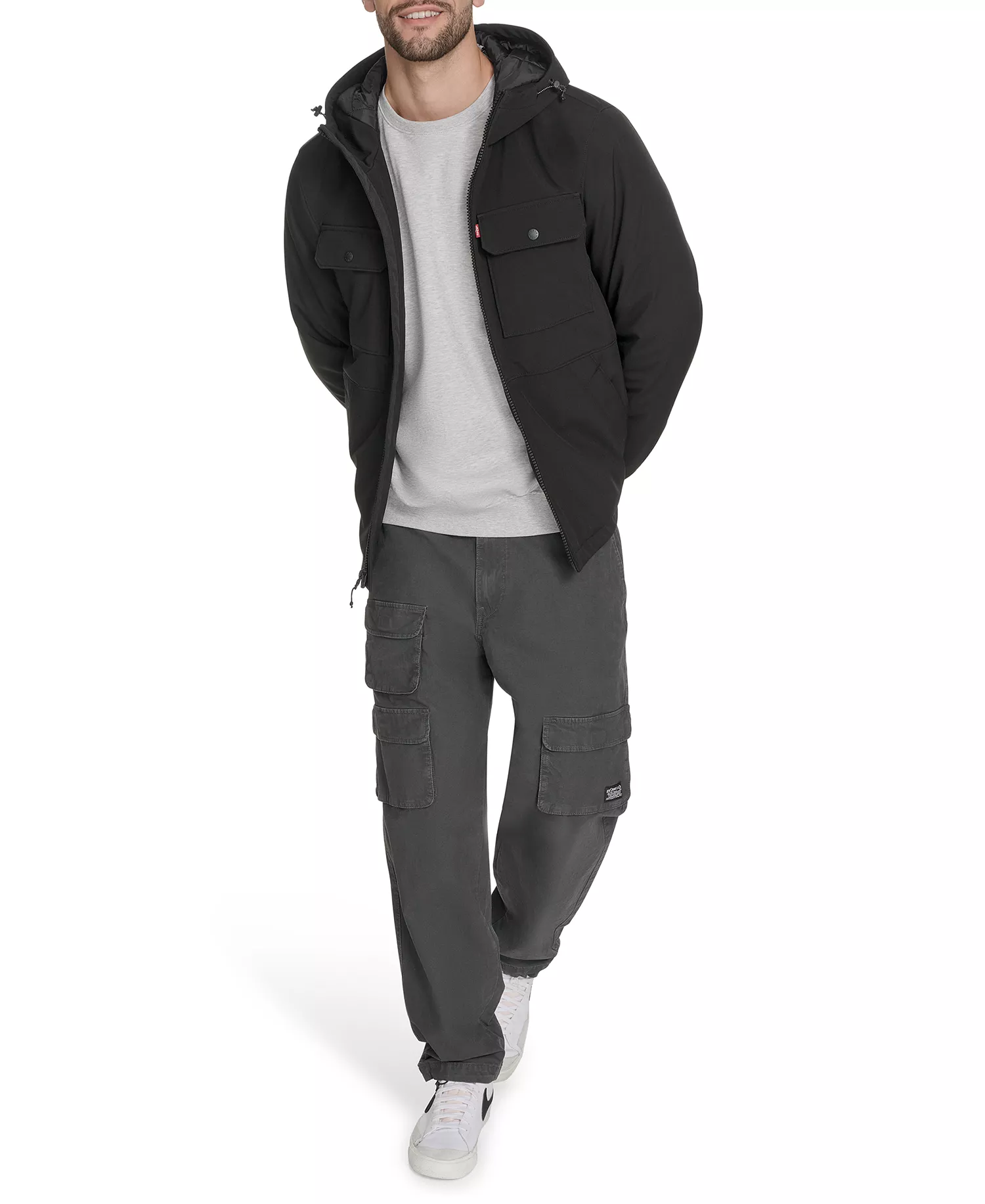 Men's Rib Stop Softshell with Hood Jacket  - Black - 2XL