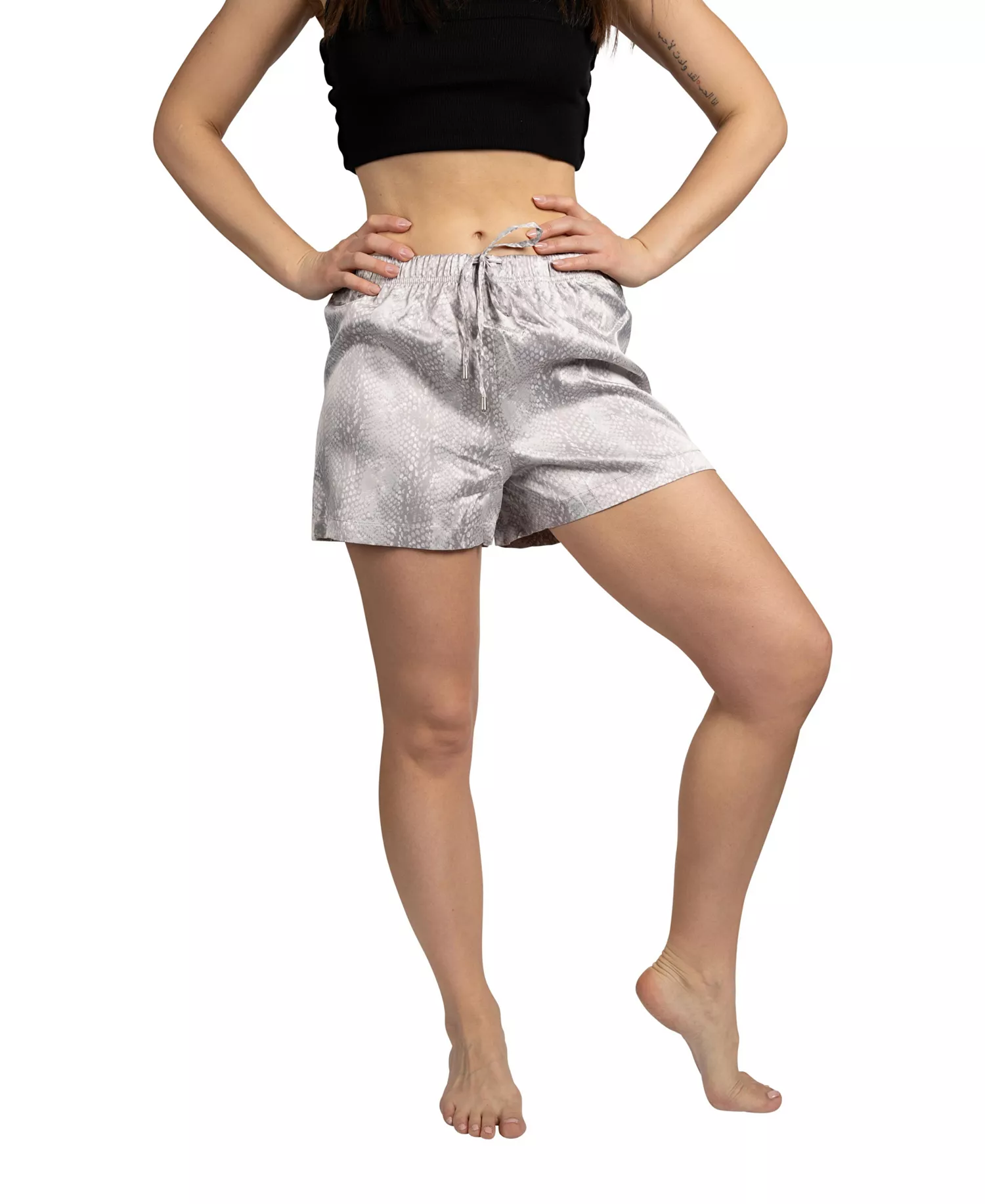 Women's 2-Pack Satin Drawstring Pajama Lounge Shorts - Grey python and pink - L