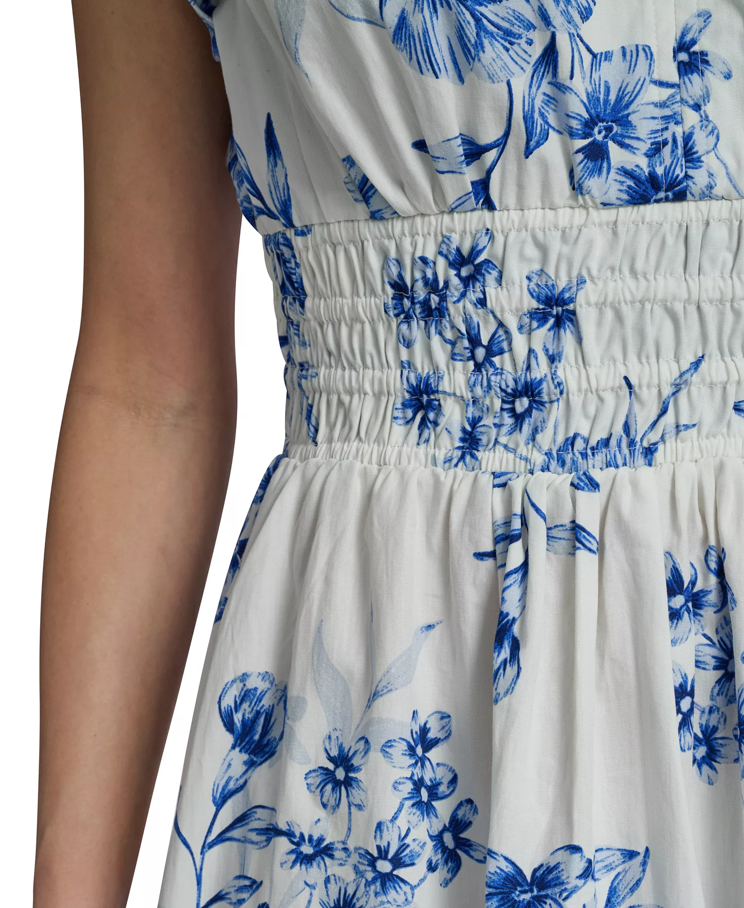 Women's Floral Smocked V-Neck A-Line Midi Dress - CHAMBRAY MULTI - 10