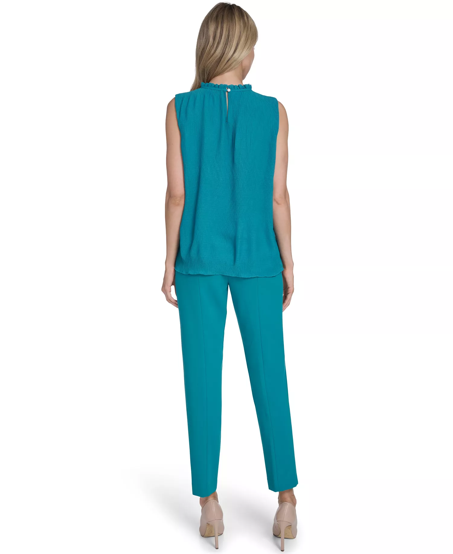 Women's Sleeveless Ruffle Neckline Top - Petrol - L