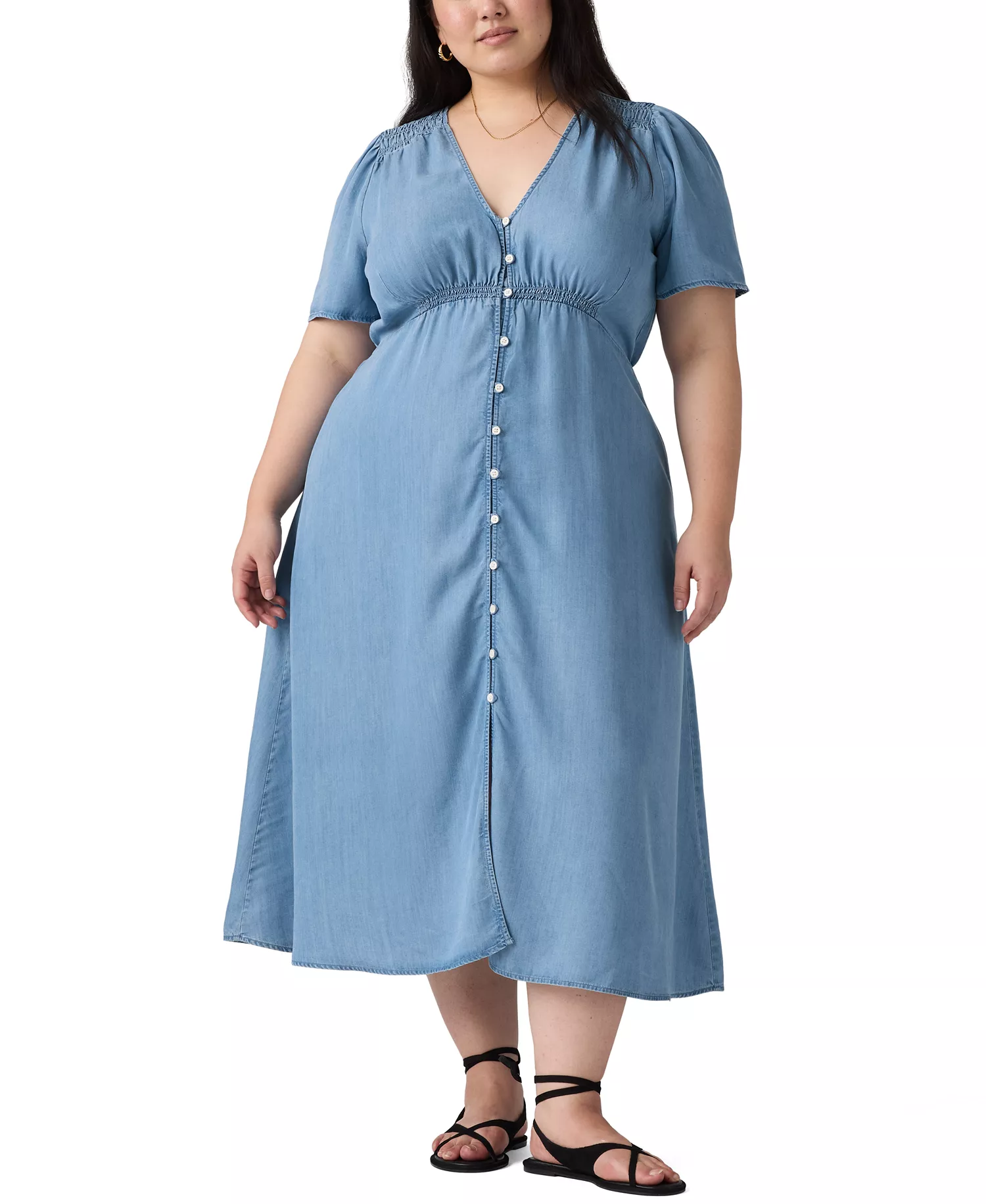 Plus Size V-Neck Short-Sleeve Midi Dress - Blue - 1X