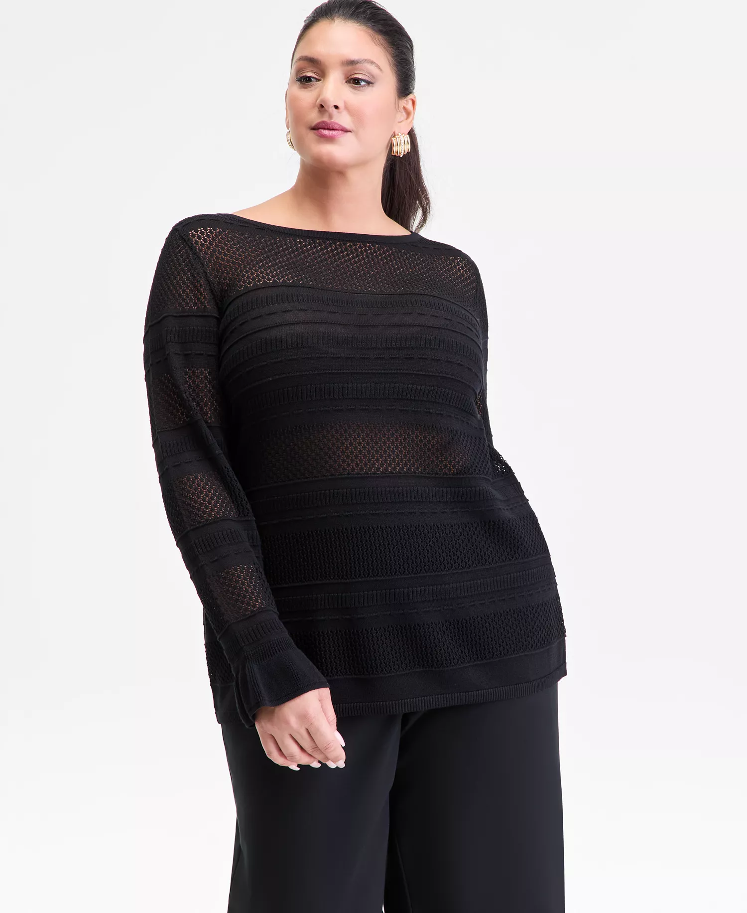 Plus Size Boat-Neck Pointelle Sweater, Macy's Exclusive - Deep Black - 0X