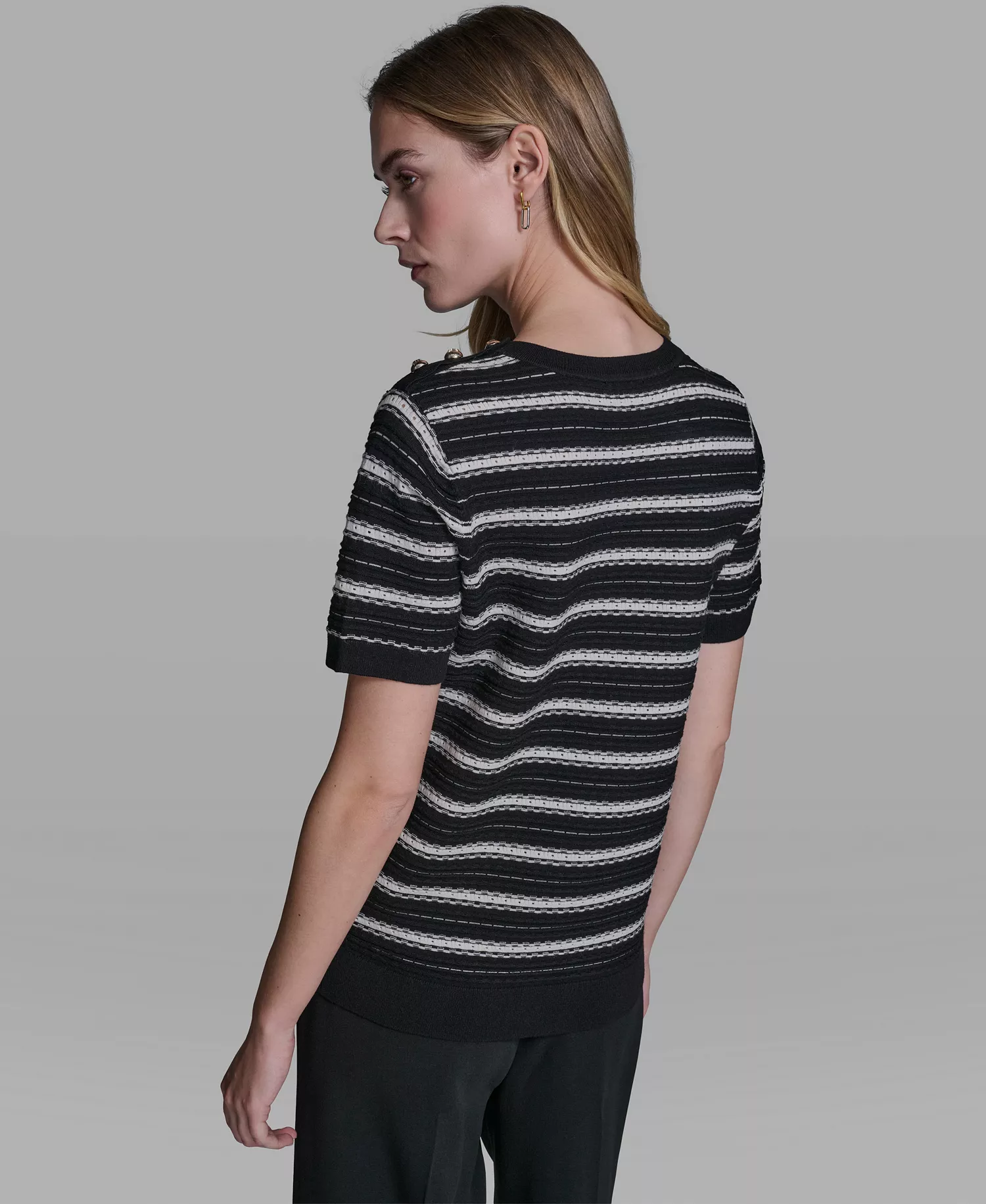 Women's Striped Crew Neck Pointelle Sweater - Black/bisque - L