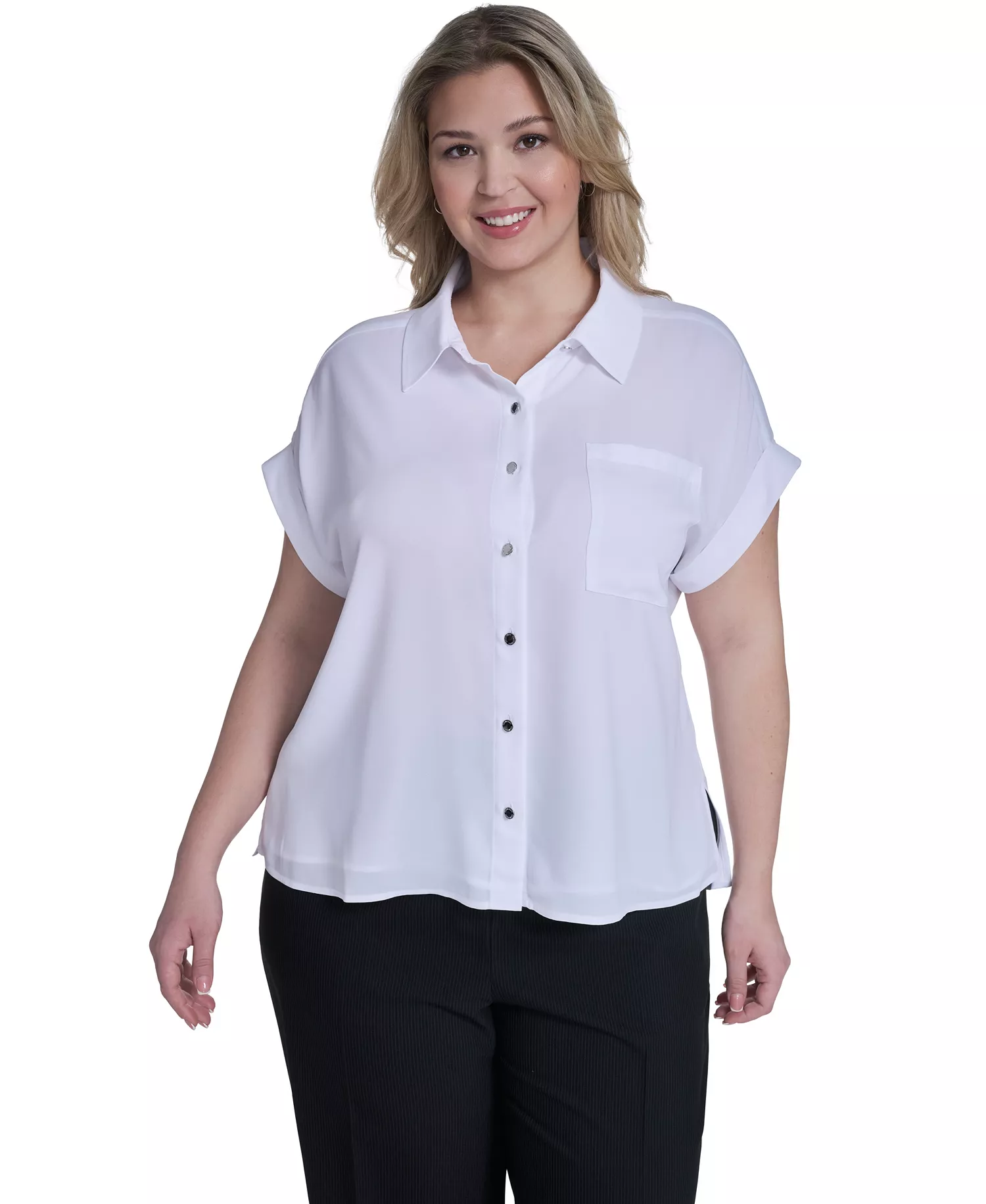 Plus Size Short-Sleeve Camp Button-Down Shirt - White - 1X