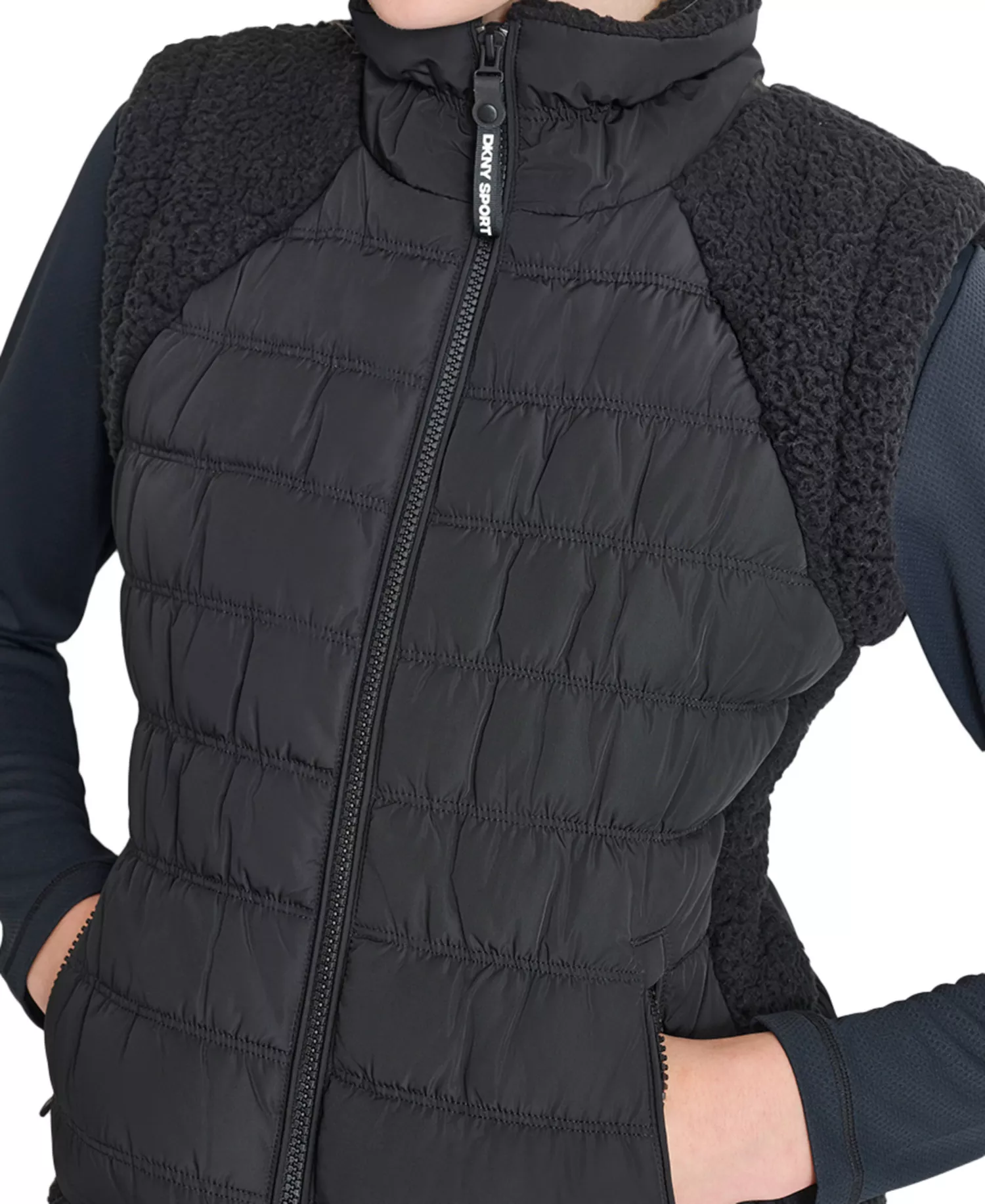 Women's Horizontal Channel Quilted Mock Neck Puffer Vest with Sherpa - Blk/black - L