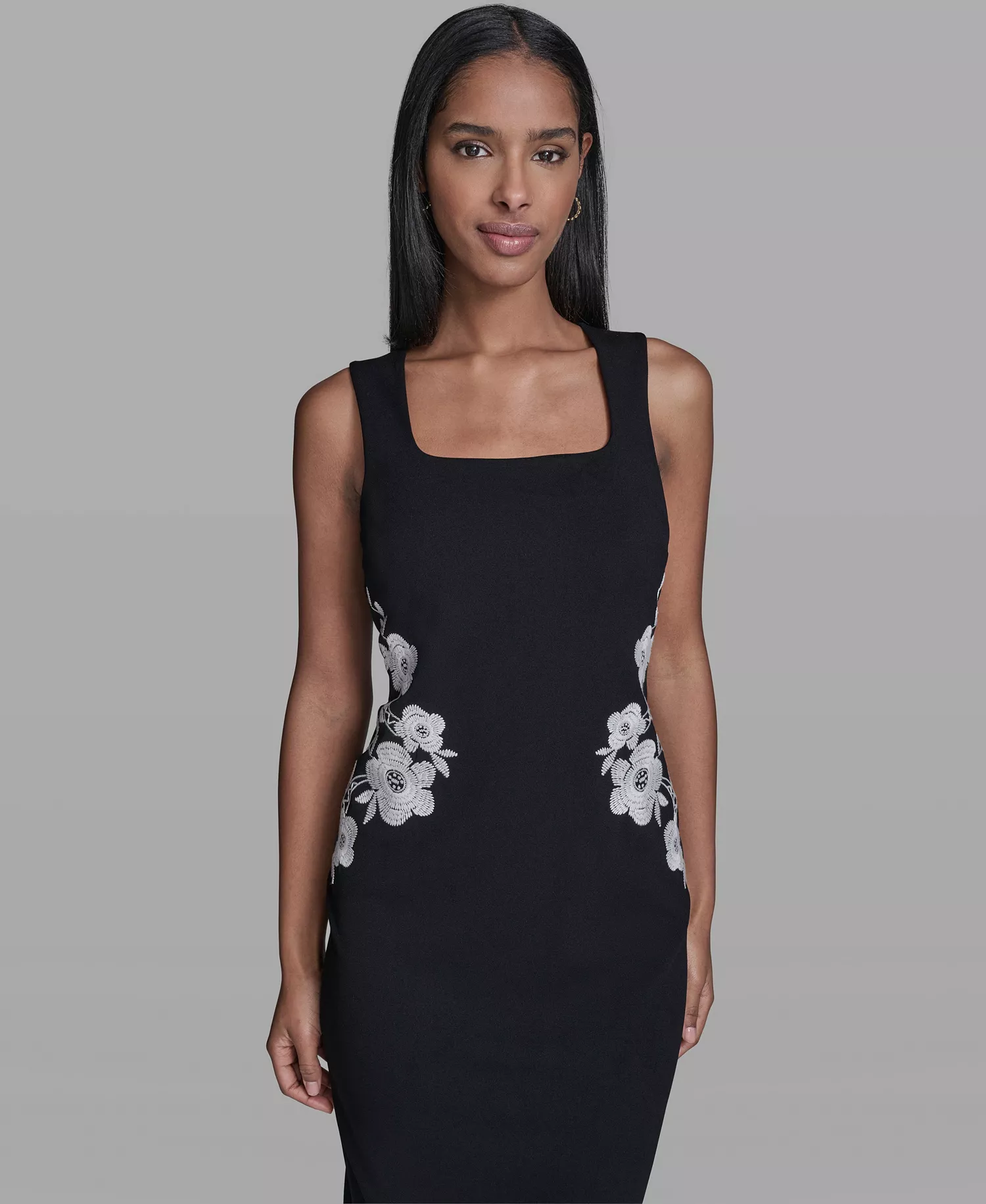 Women's Floral Embroidery Square Neck Dress - Black - 0