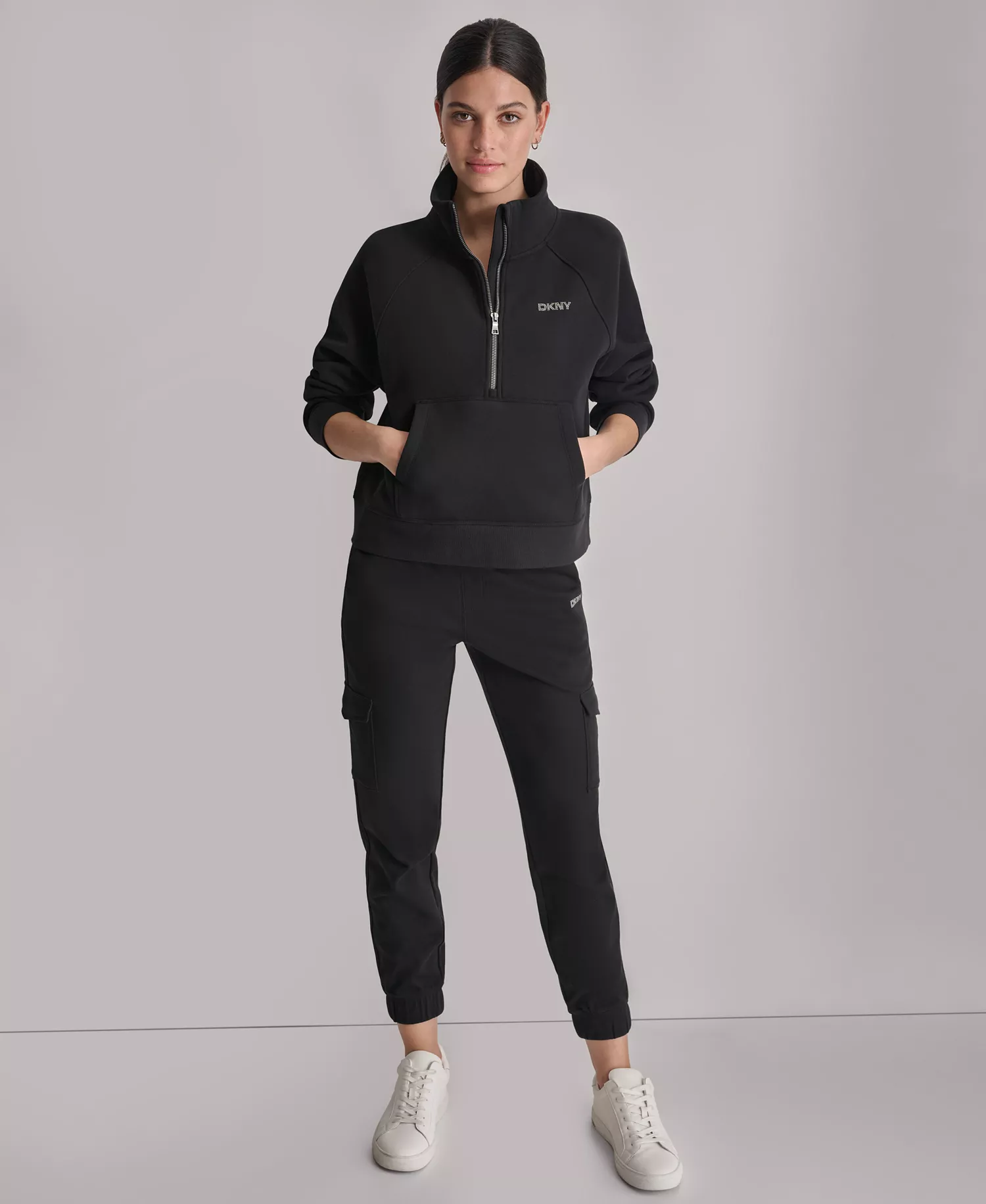 DKNY Women's Studded-Logo Half-Zip Sweatshirt - Black - L