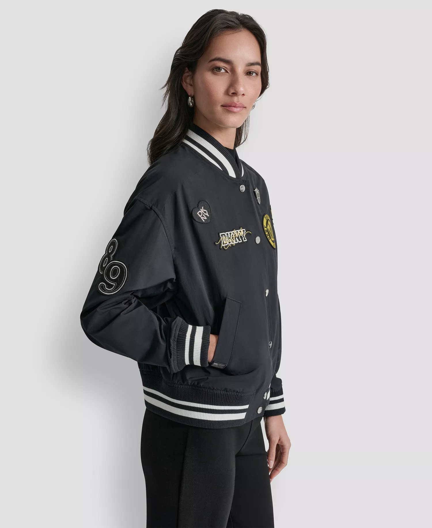 Women's 1989 Pins & Patches Snap-Front Varsity Jacket - Black - L