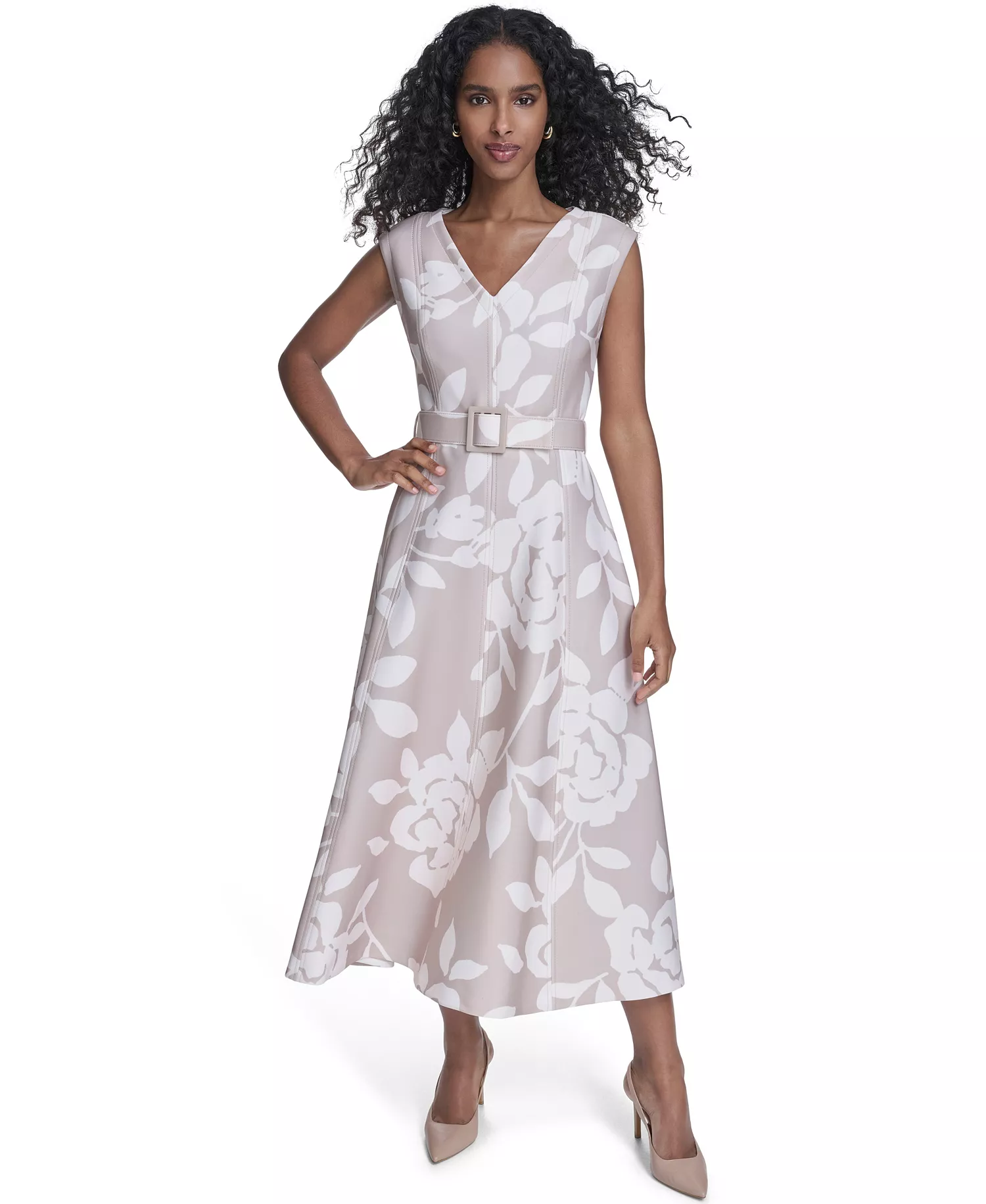 Women's Scuba Belted V-Neck Midi Dress - Cashew/Cream - 10