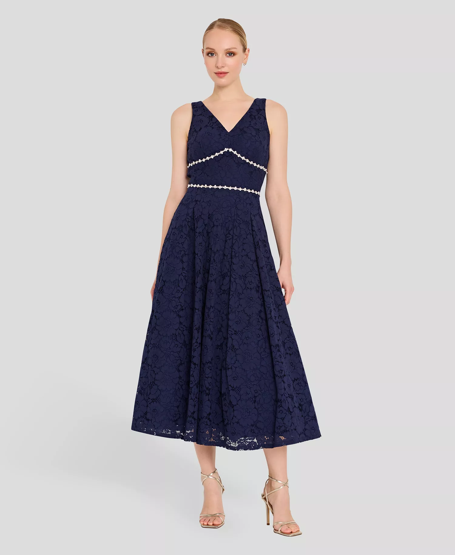 Women's V-Neck Lace Tea Length Ball Gown - Navy - 10
