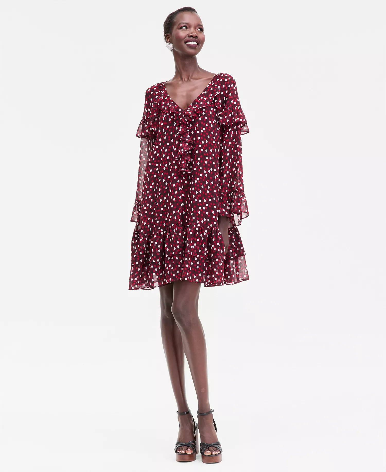 Women's Ruffle-Trim Bell-Sleeve Dress, Macy's Exclusive  - Ari Dots - L