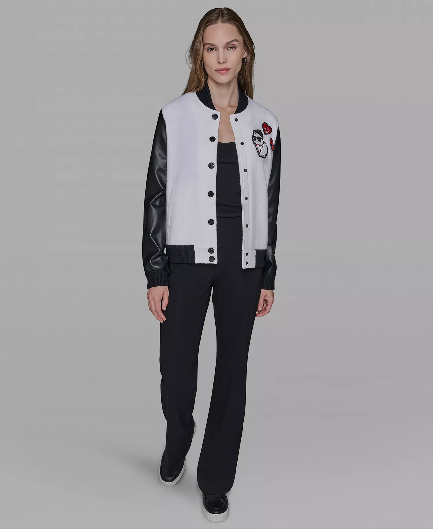 Women's Choupette Knit Bomber Crew Neck Jacket - Soft White/Black - XS