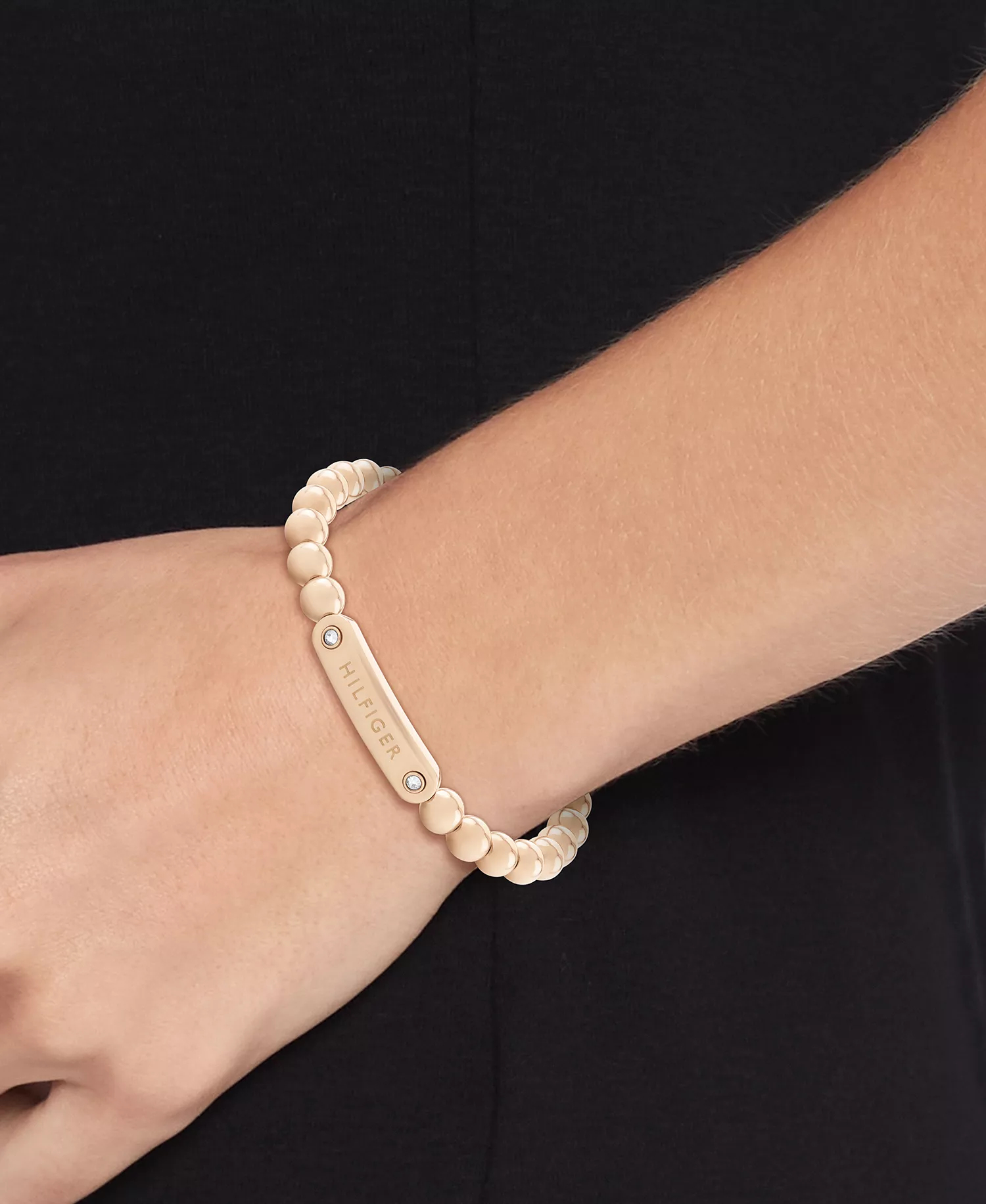 Beaded Stainless Steel Logo Stretch Bracelet - Carnation - ONE SIZE