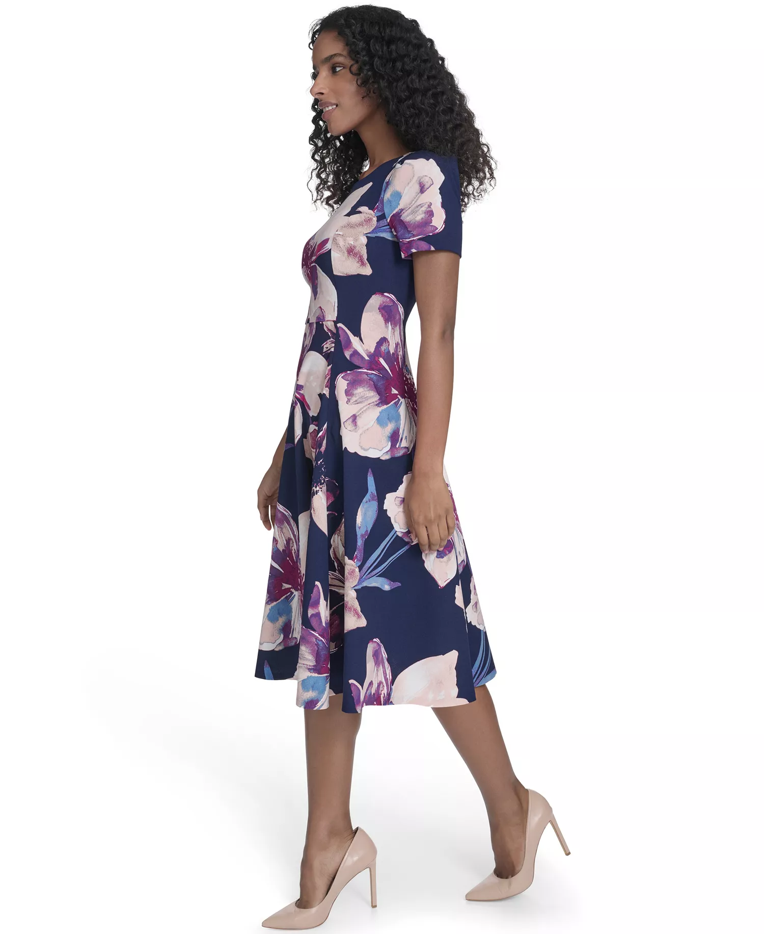 Women's Printed Crew Neck Midi Dress - Indigo Multi - 0P
