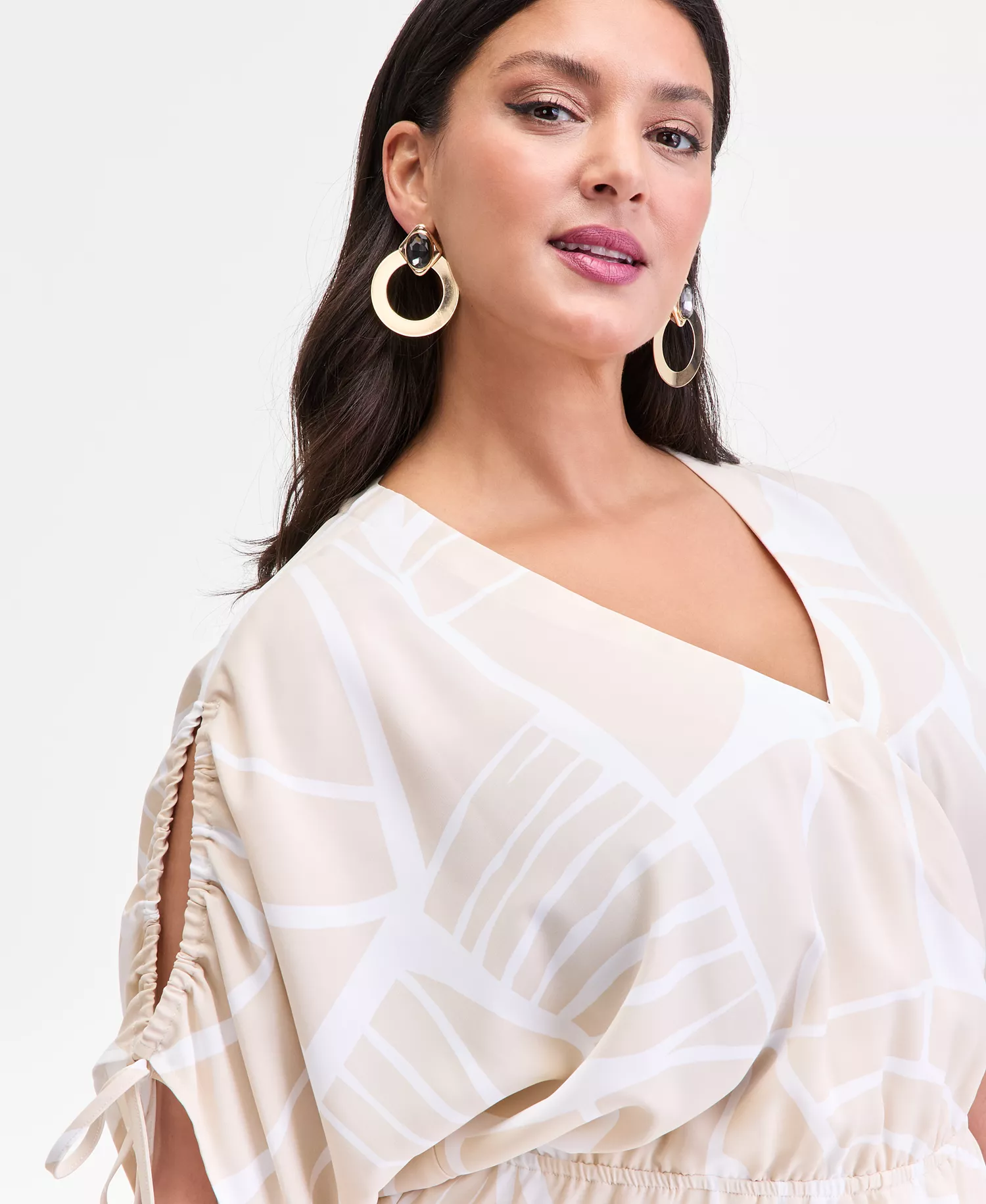 Plus Size Printed Split-Sleeve Peplum Top, Macy's Exclusive  - Fae Geo Neutral - 0X