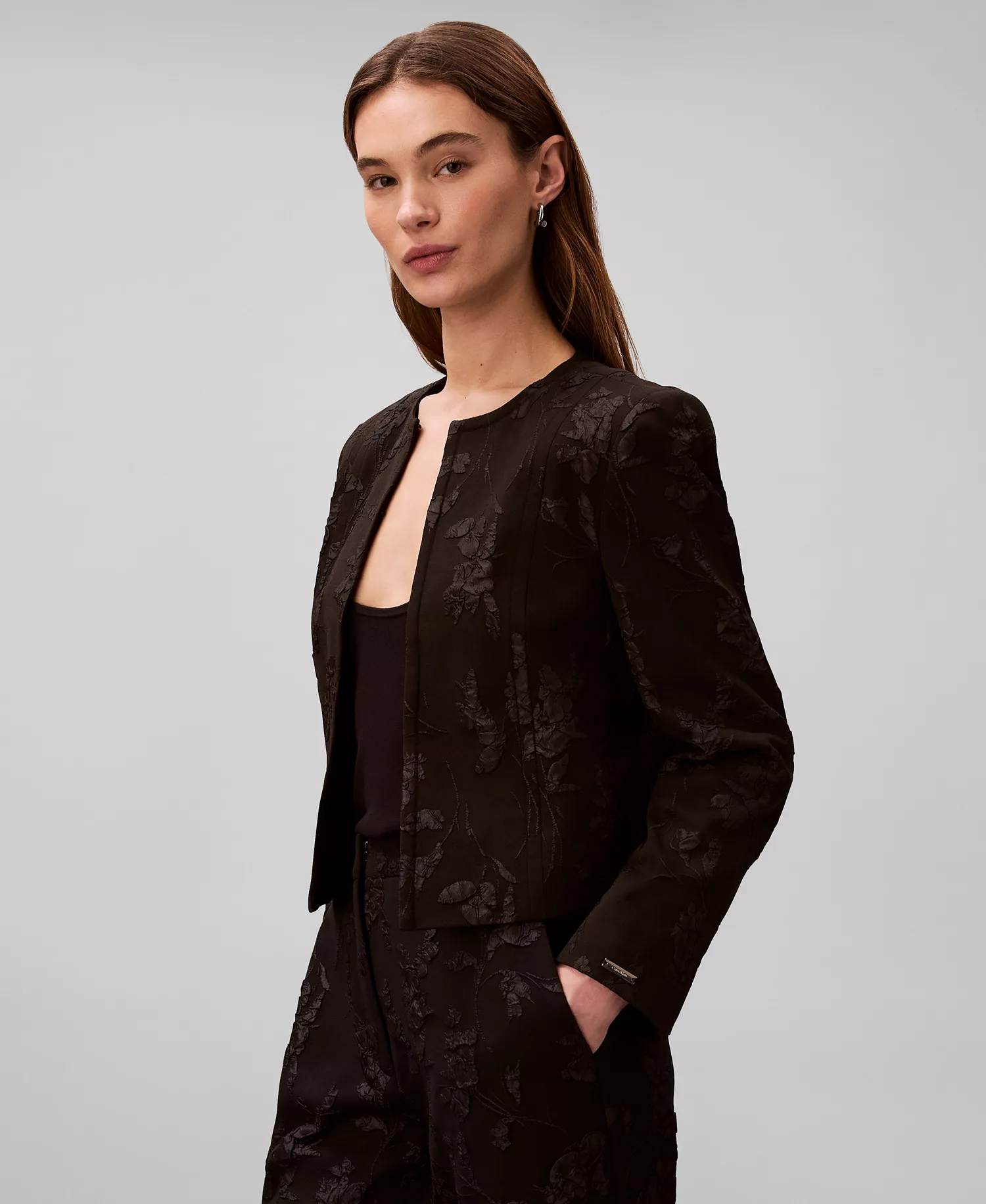 Women's Floral Square Neck Mini Dress and Novelty Crewneck Cropped Jacket - Black Floral Cuttings Cloque Jacquard - 10